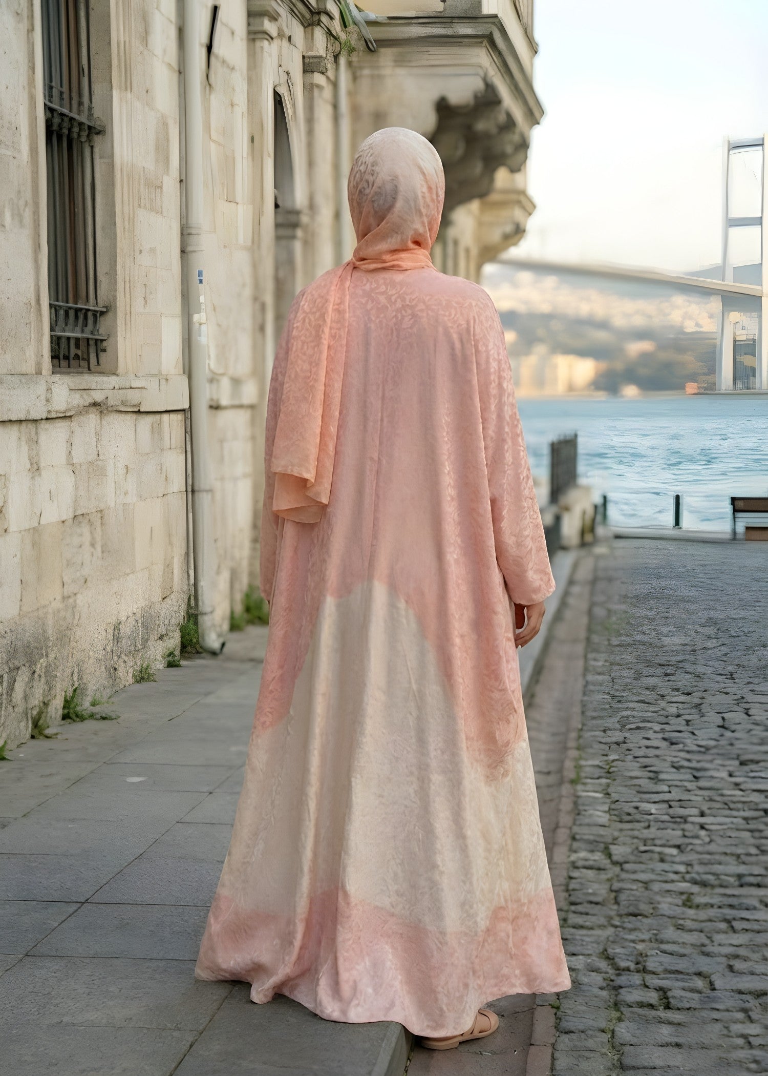 jacquard georgette Abaya in Peach pink