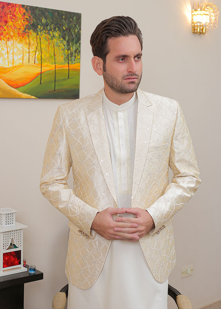 banarsi silk Prince Coat in Pearl white