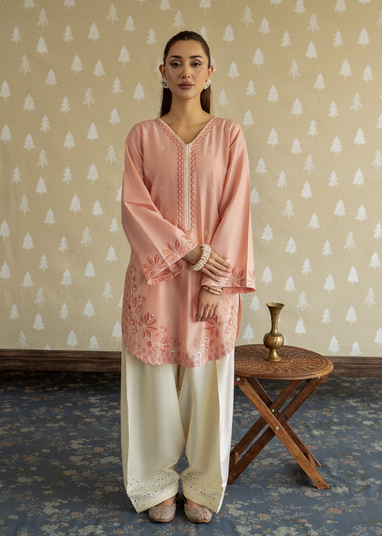 lawn Kurta Set in Off-white, peach pink