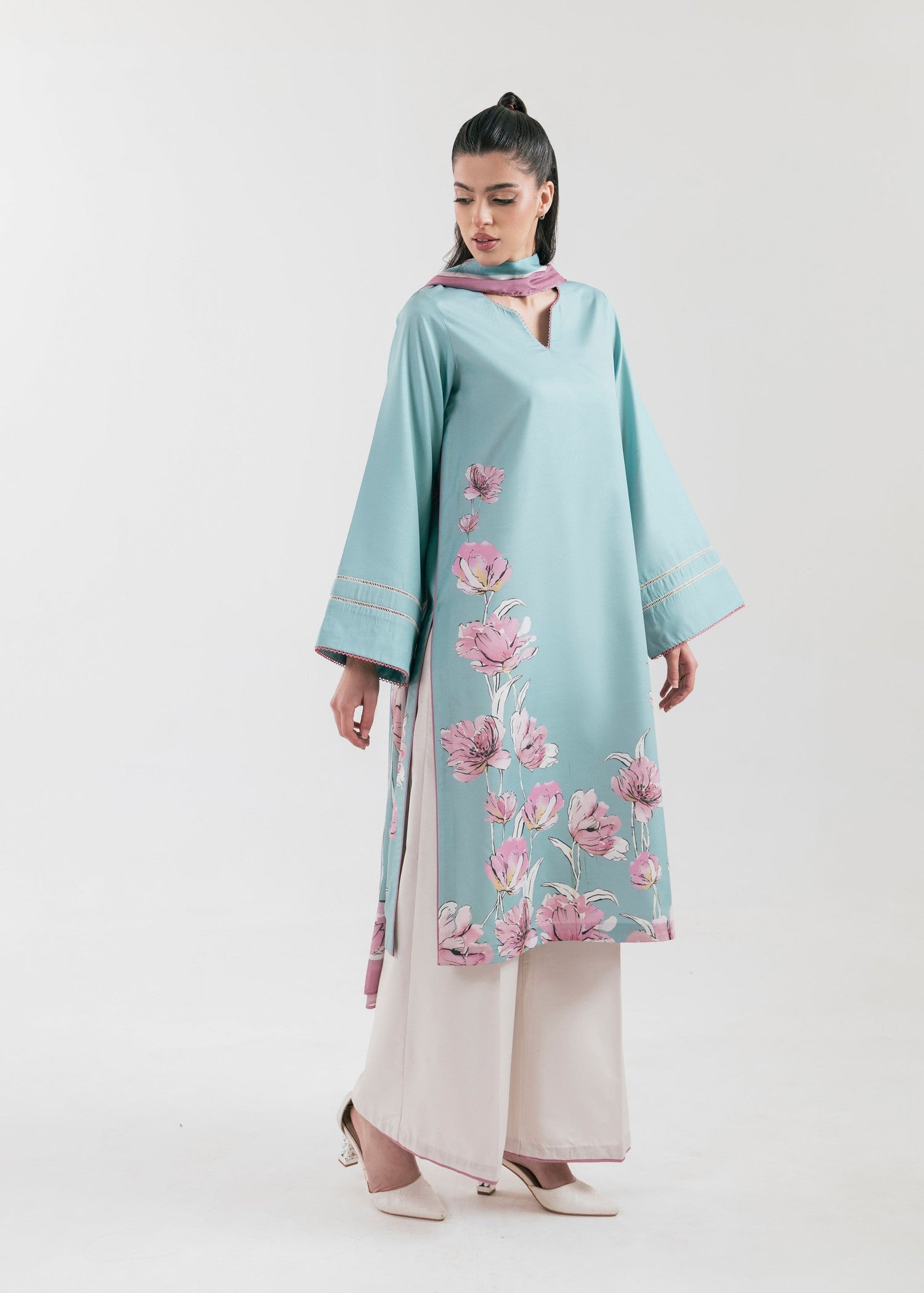 poly lawn Kurta Set in Light blue