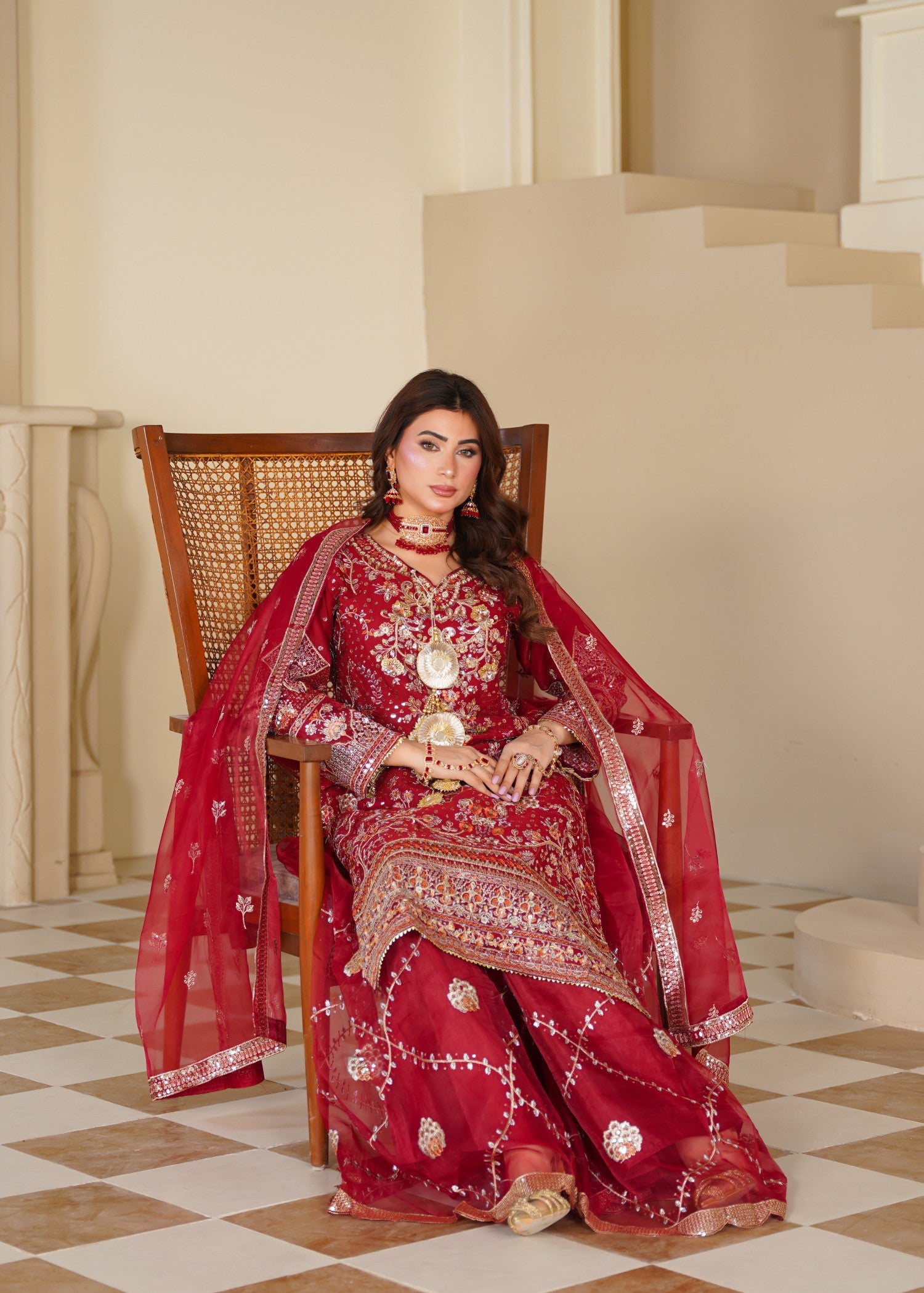 chiffon Sharara in Gold, rose red