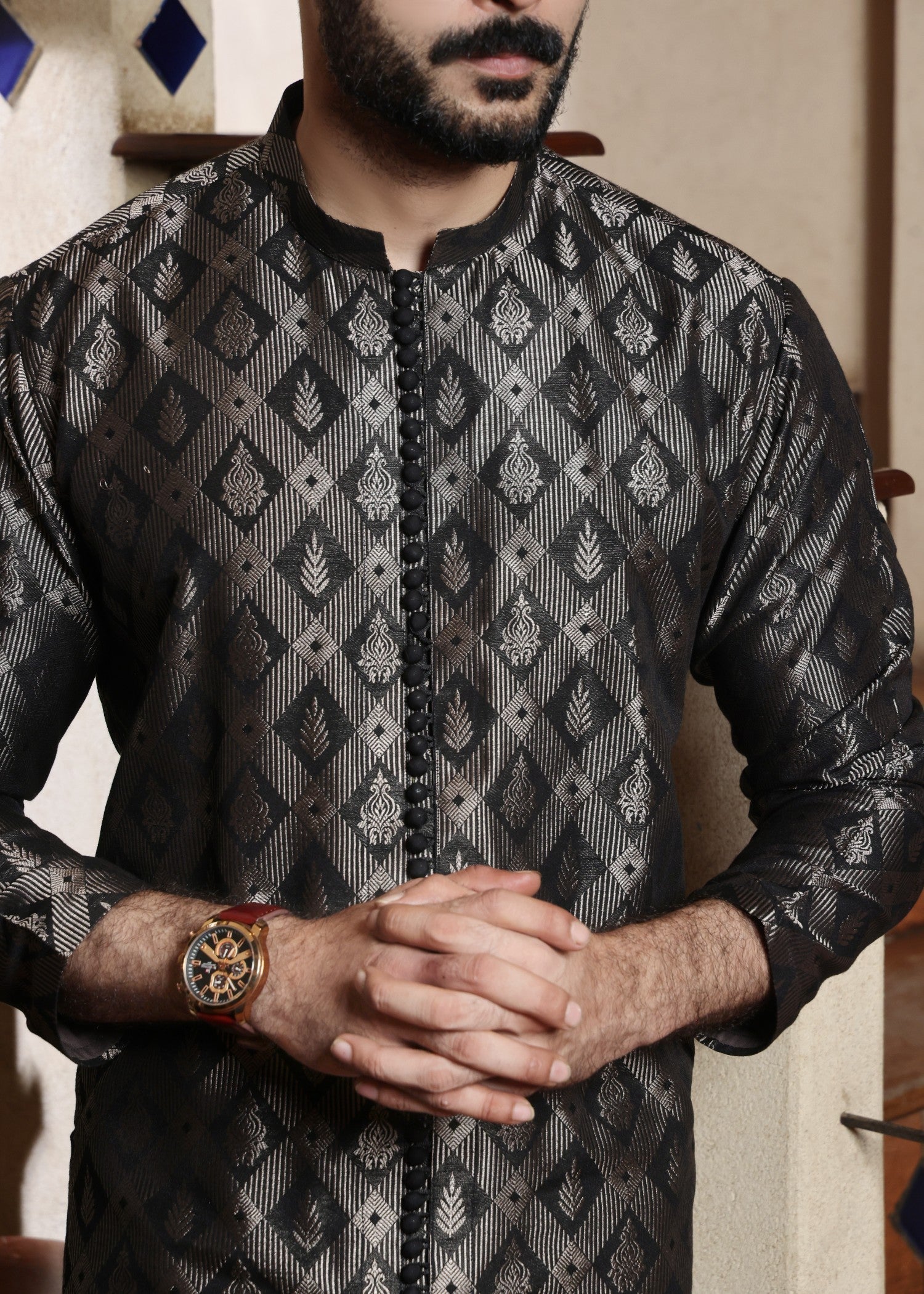 jamawar Kurta Set in Black