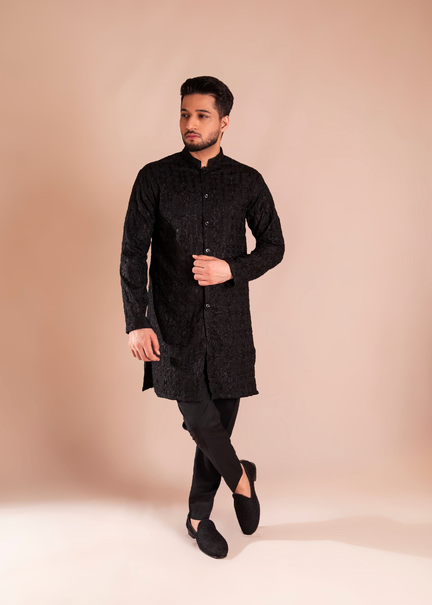 wash & wear Kurta Set in Black by Ahmad Raza