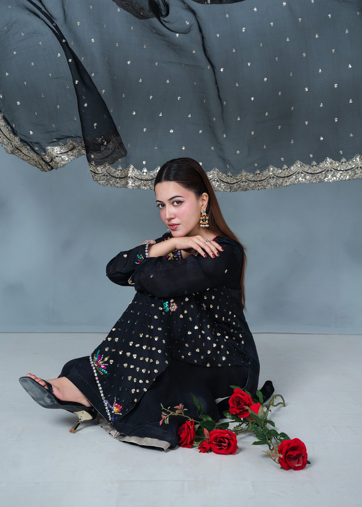 tissue silk Sharara in Black