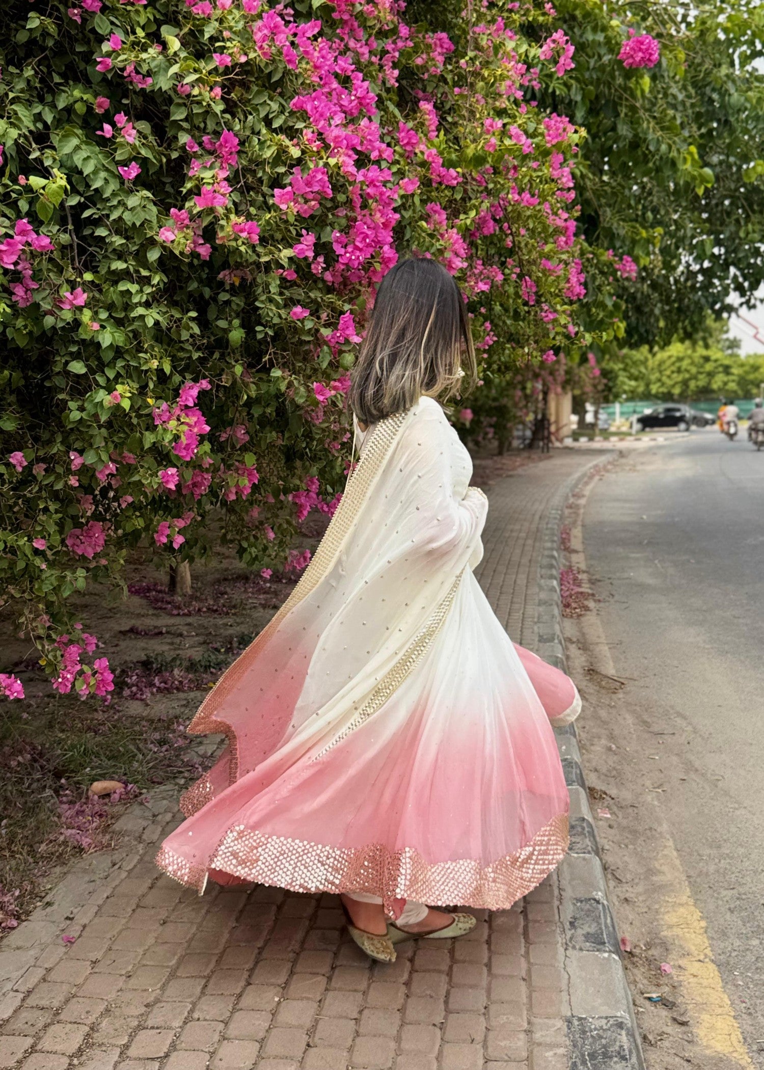 chiffon Pishwas in Tea rose pink, ivory