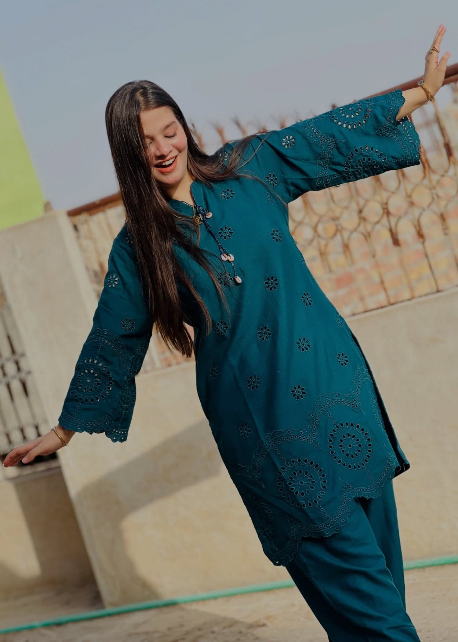 linen chambray Kurta Set in Dark cyan