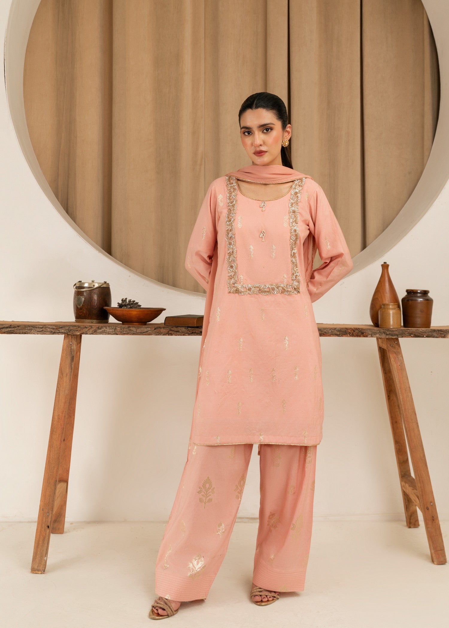jamawar Kurta Set in Peach pink
