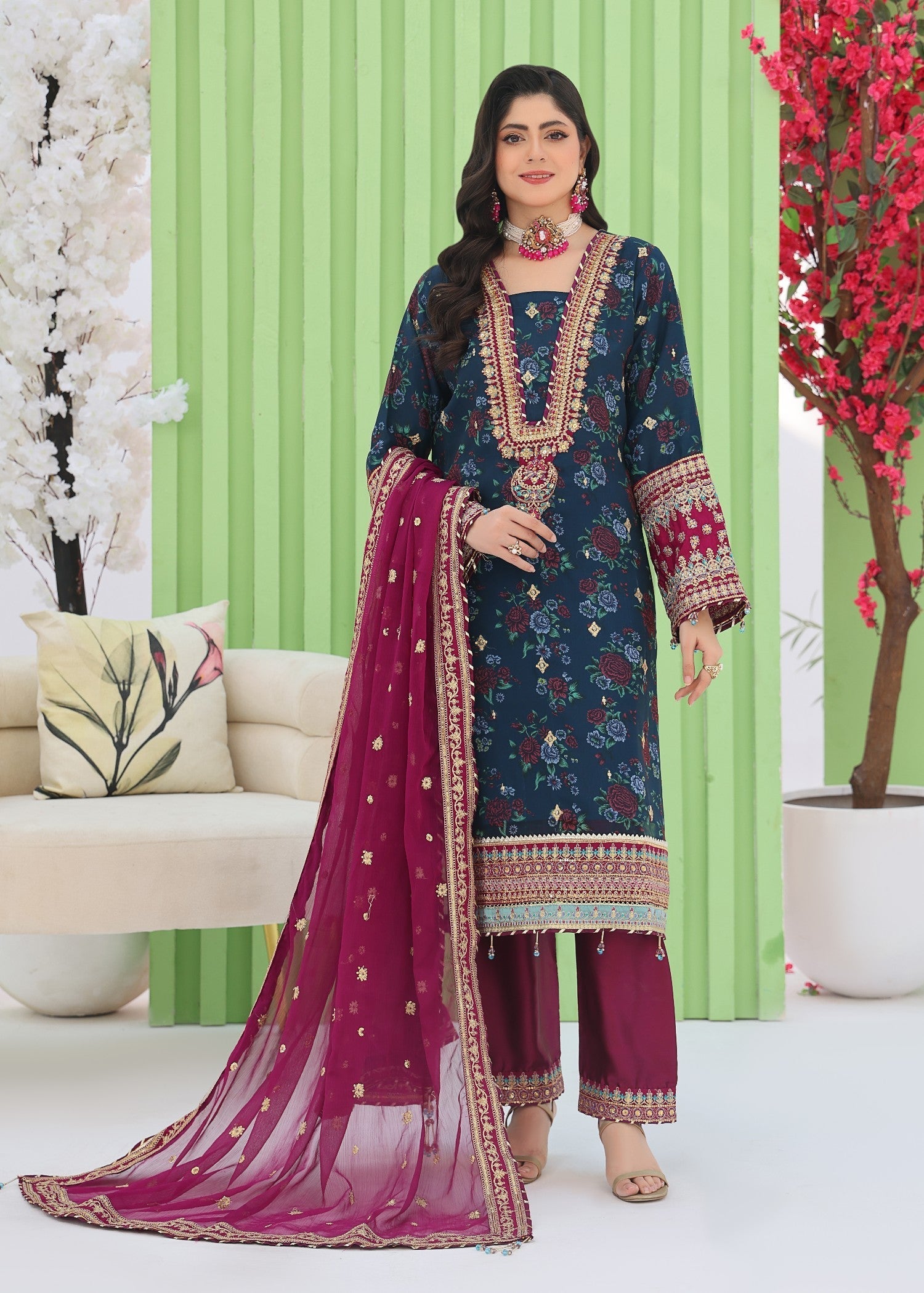 chiffon Kurta Set in Aegean blue