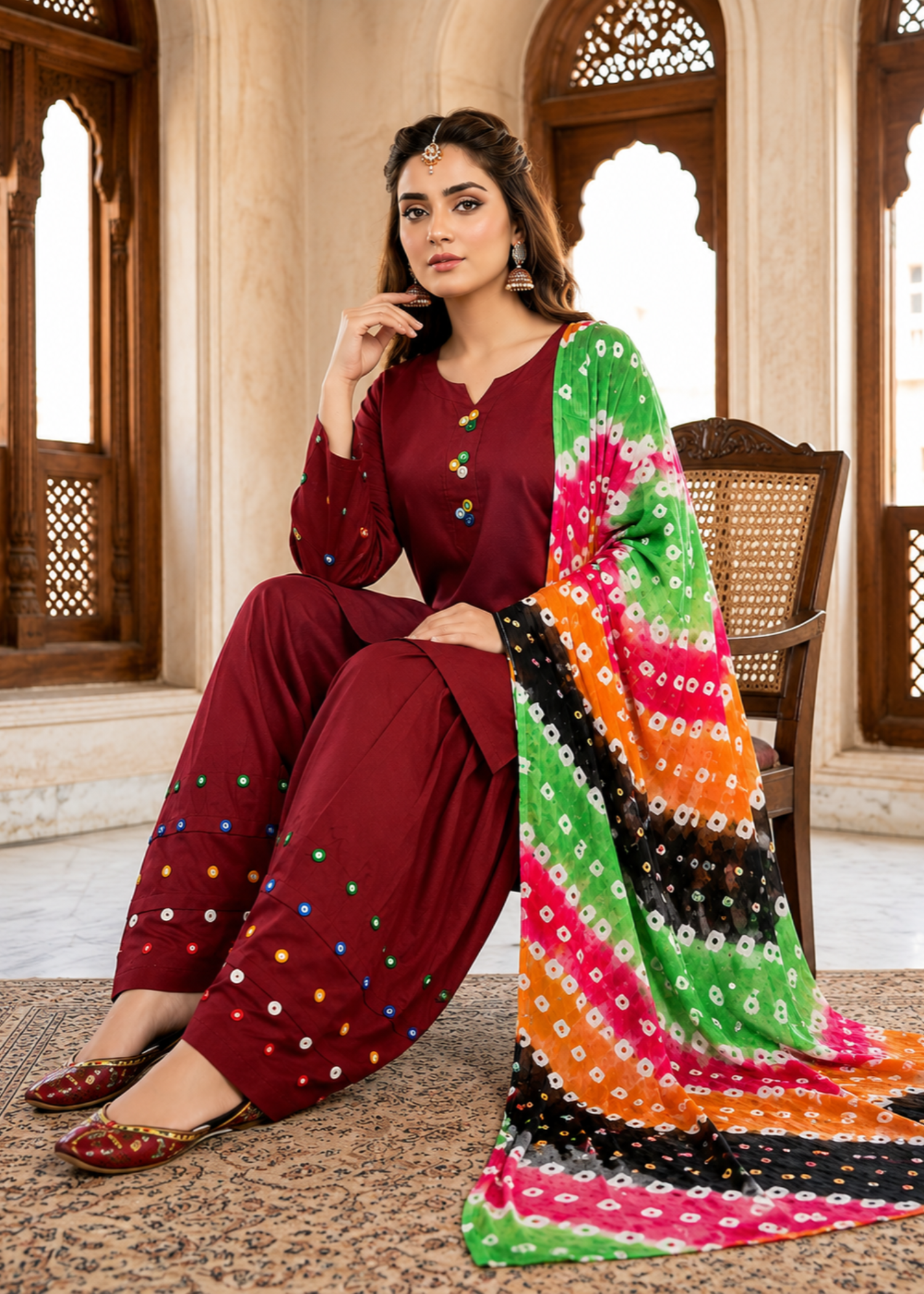 lawn cotton Kurta Set in Persian red