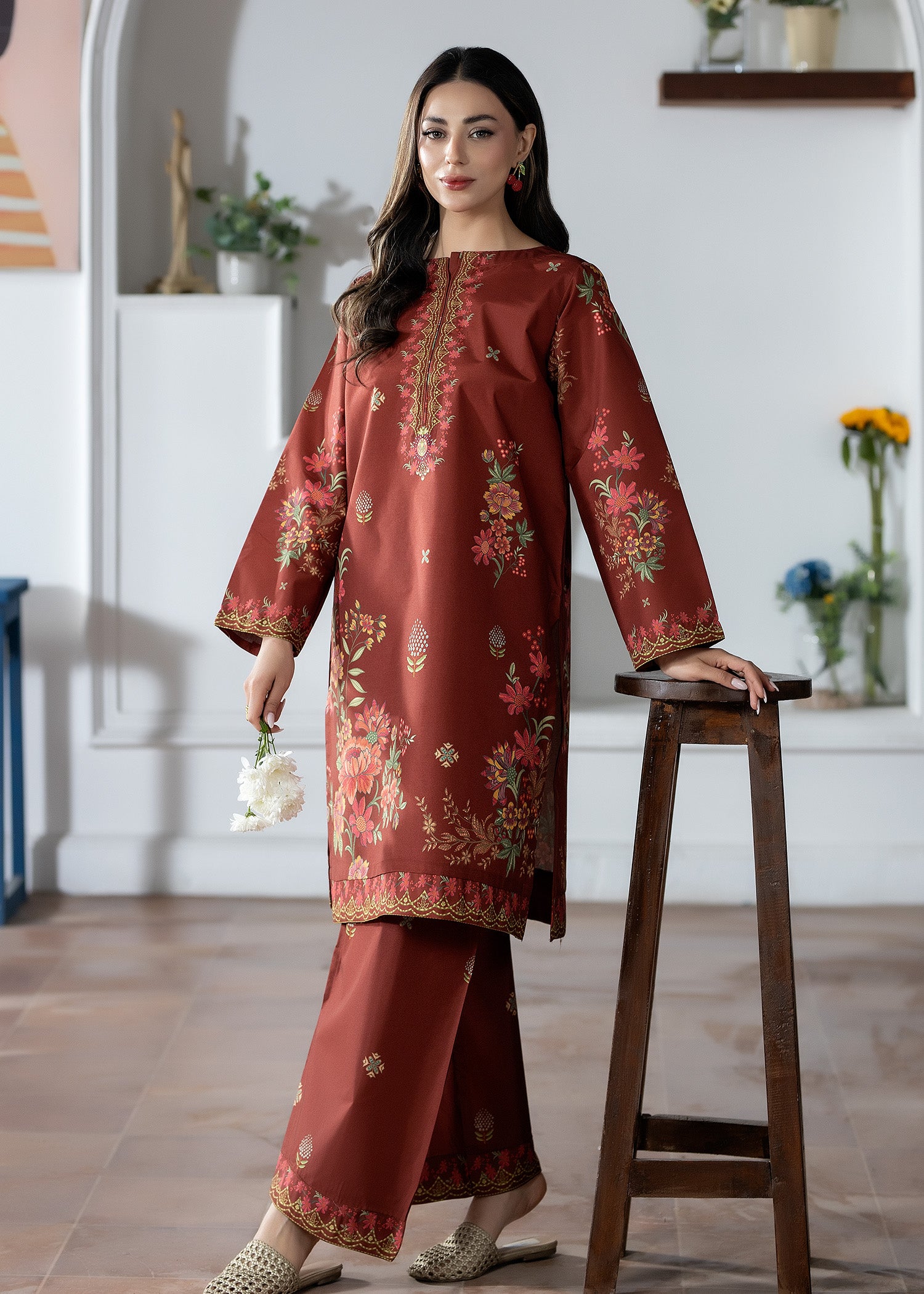 silk finish lawn Co Ord Sets in Dark brown