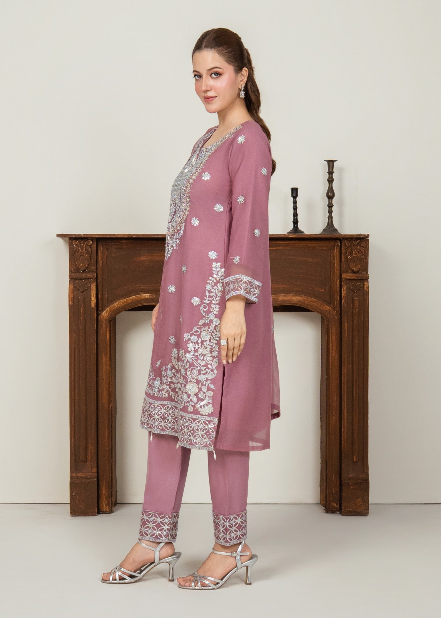 chiffon Kurta Set in Lavender pink