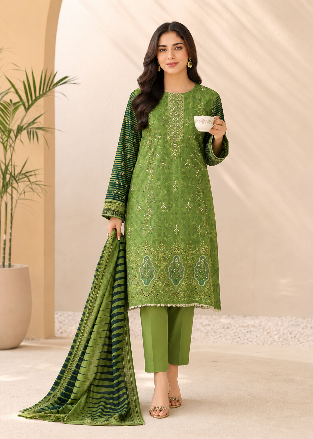 lawn Kurta Set in Lawn green