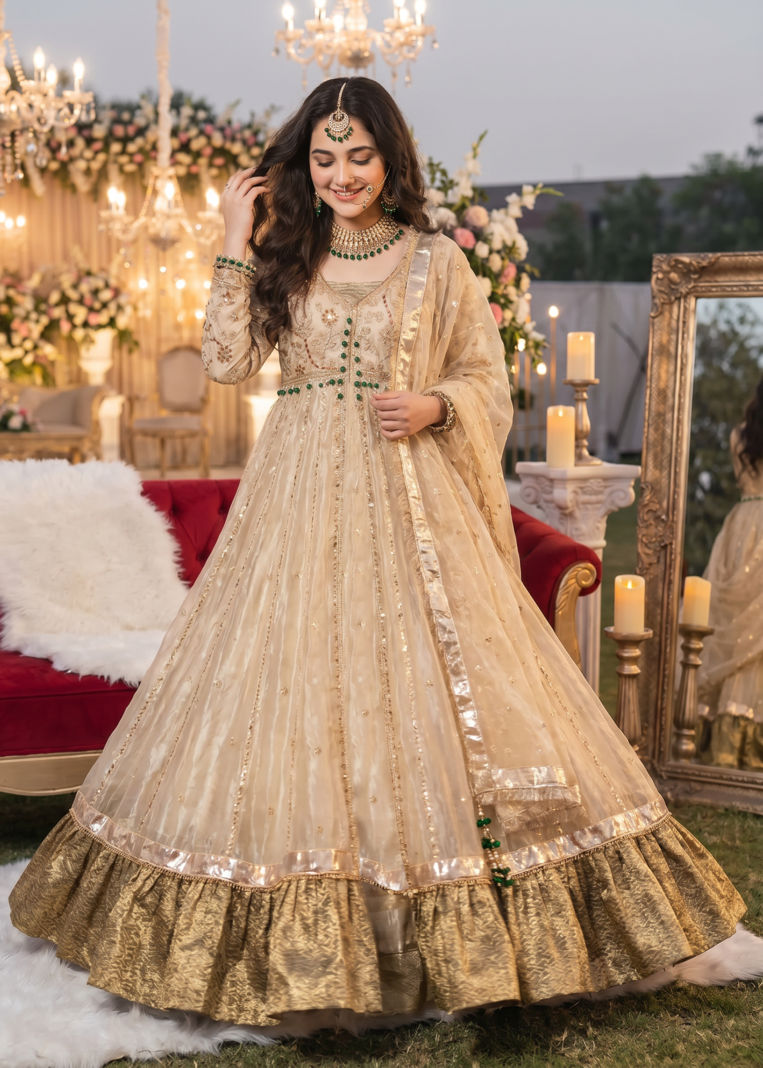 organza Pishwas in Gold, army green
