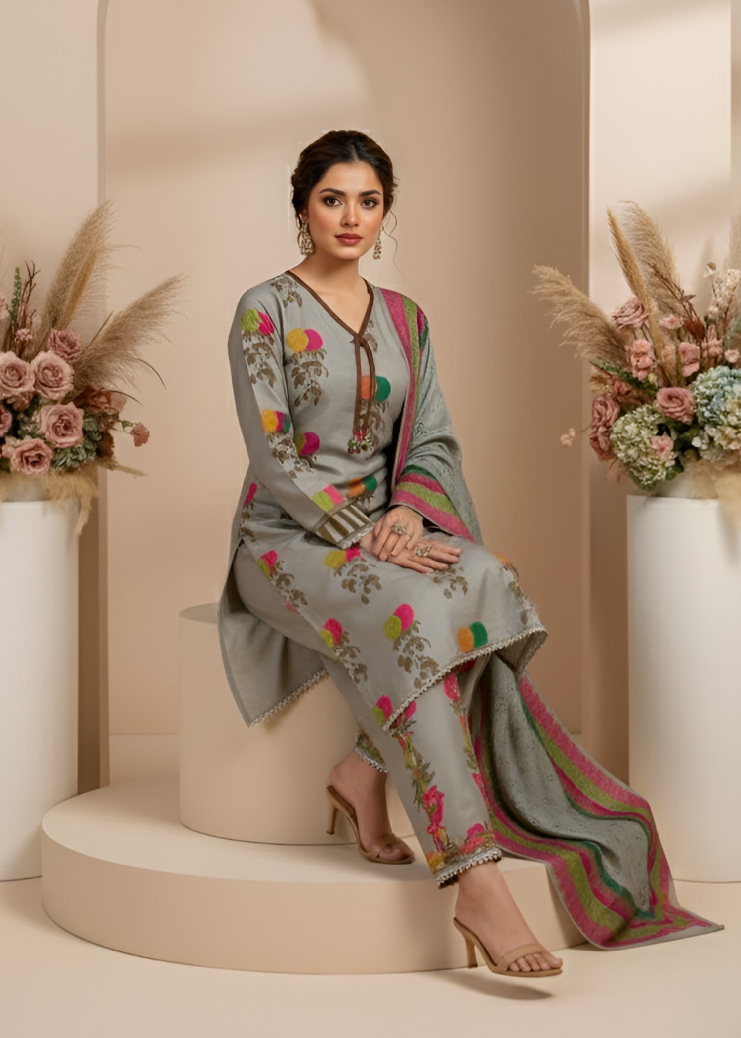crepe Kurta Set in Grey