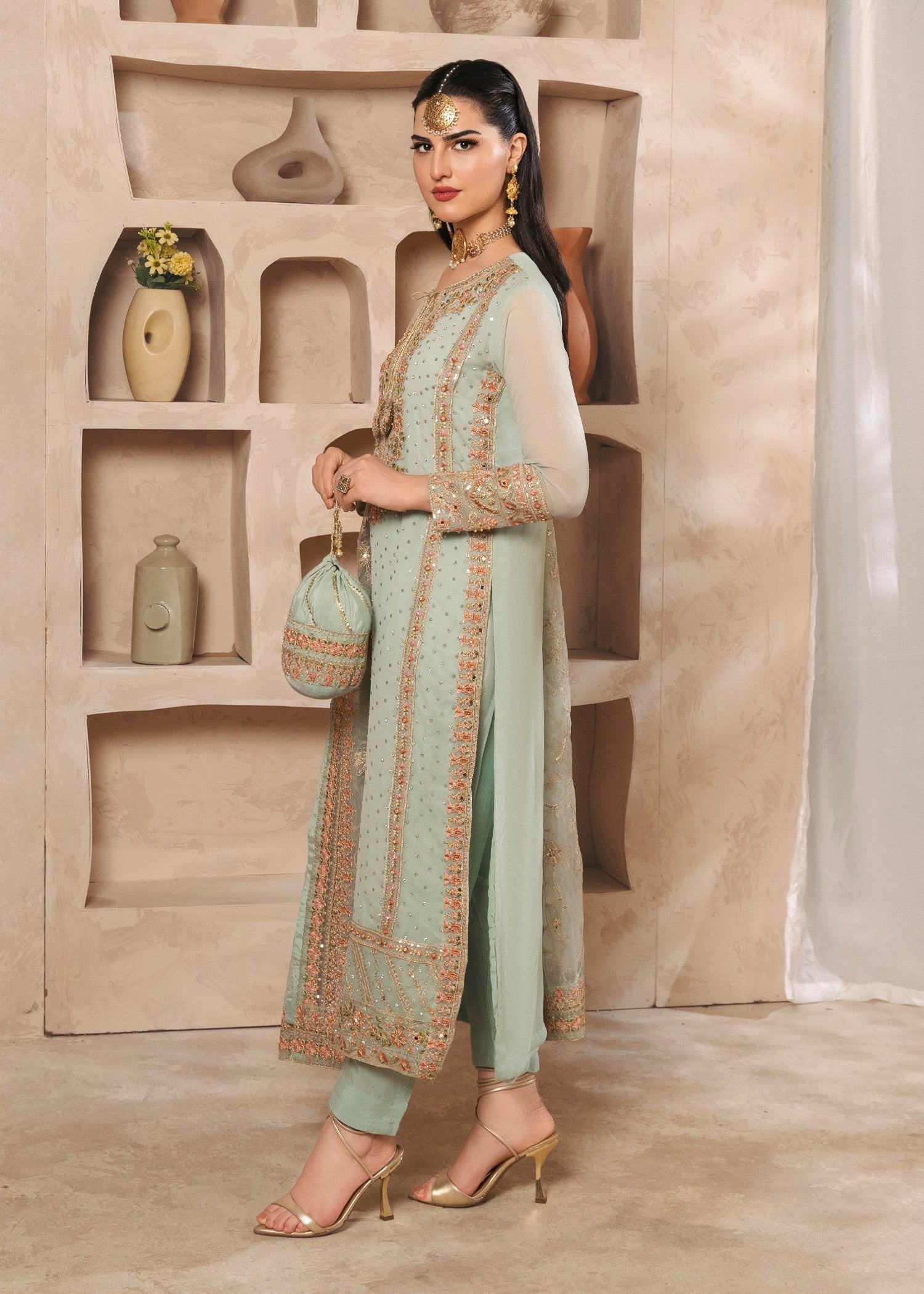chiffon Kurta Set in Pastel green