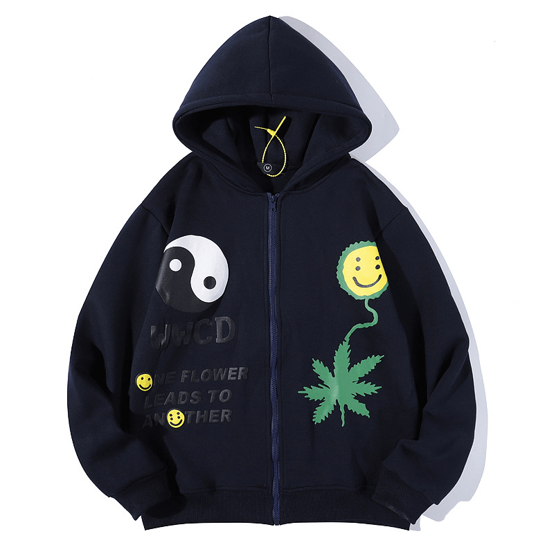 Three-Dimensional Hemp Leaf Smileycardigan Zipper Hooded Sweater