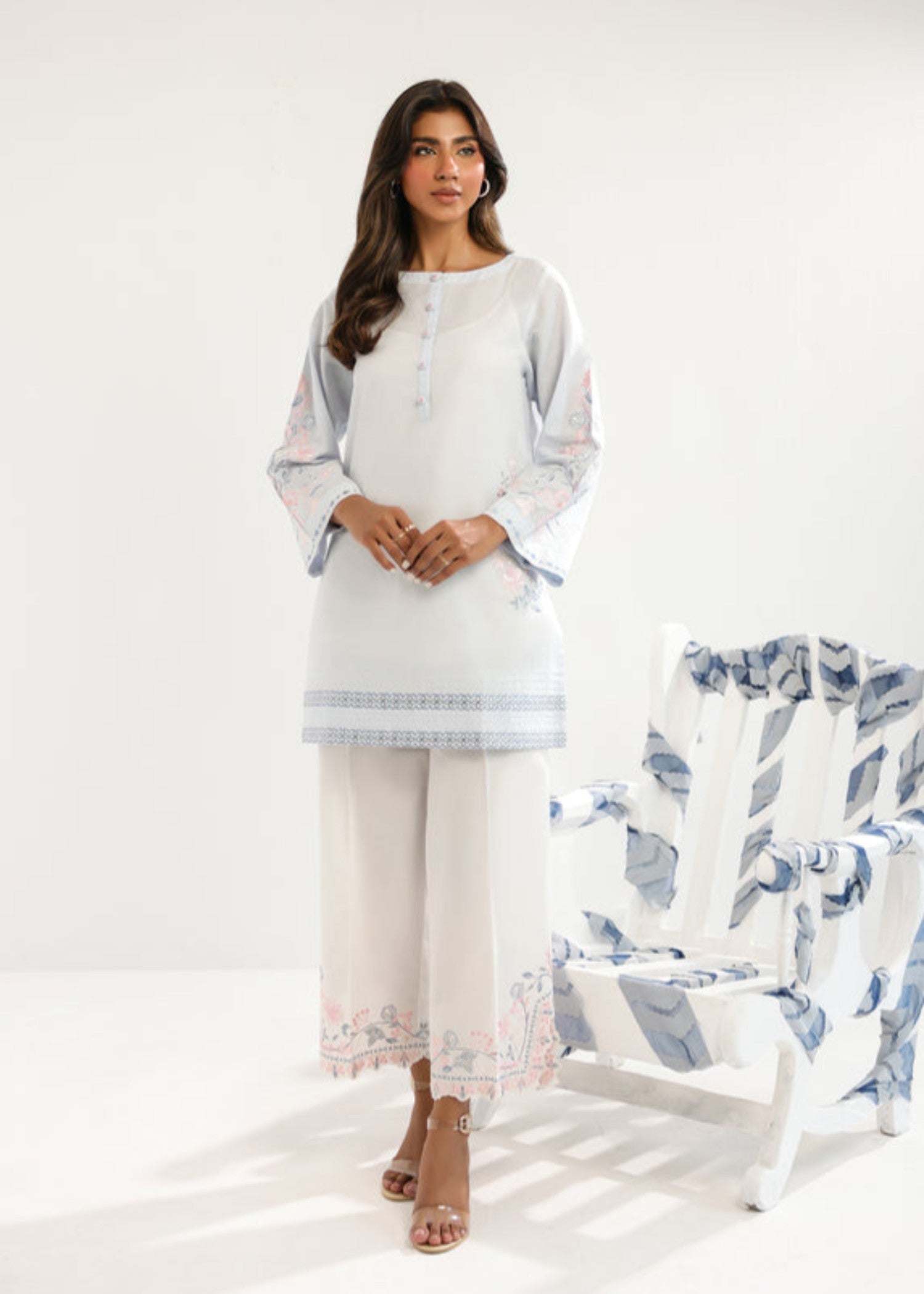 cambric Kurta Set in Ice blue, off-white