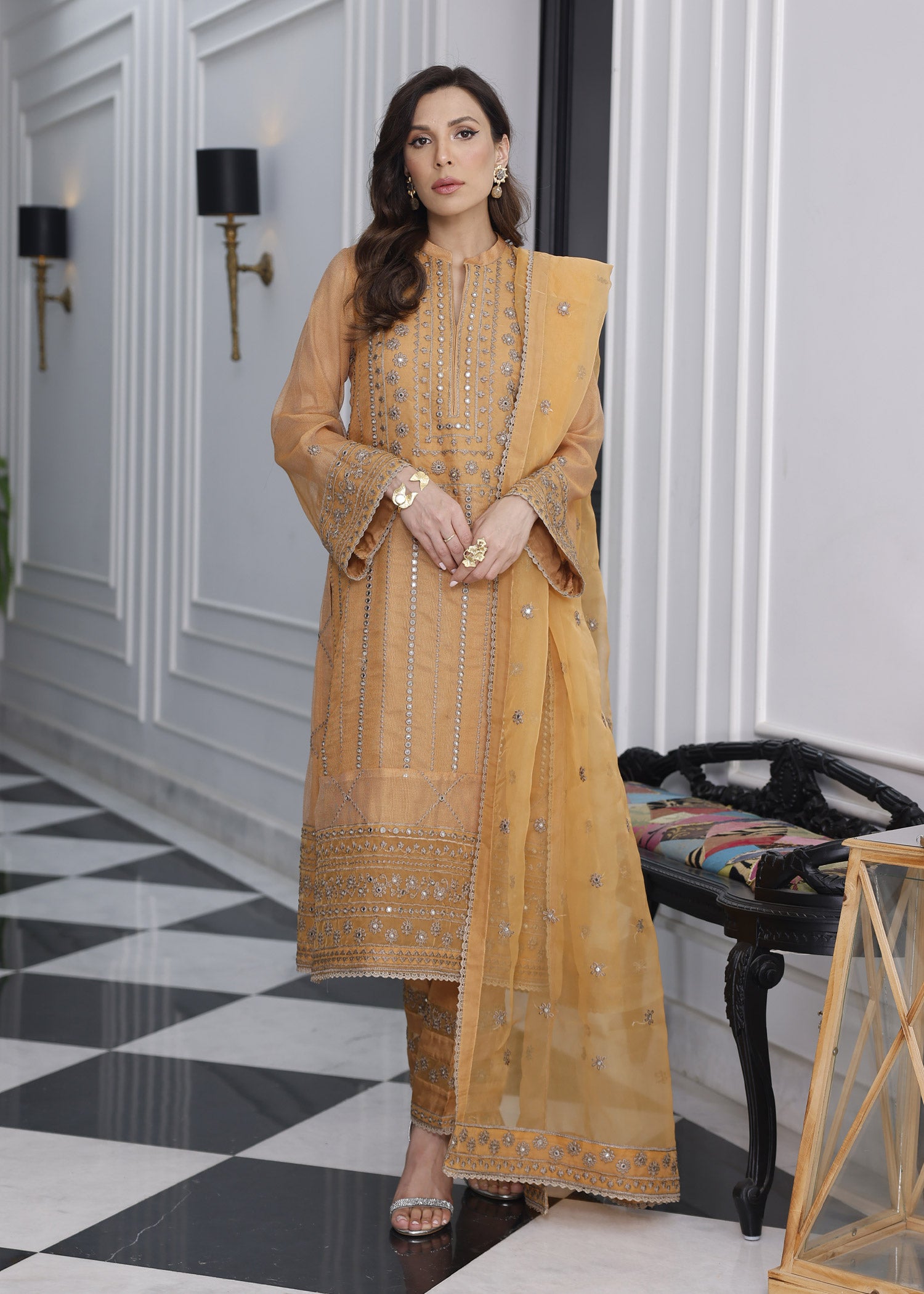 khaddi net Unstitched in Orange