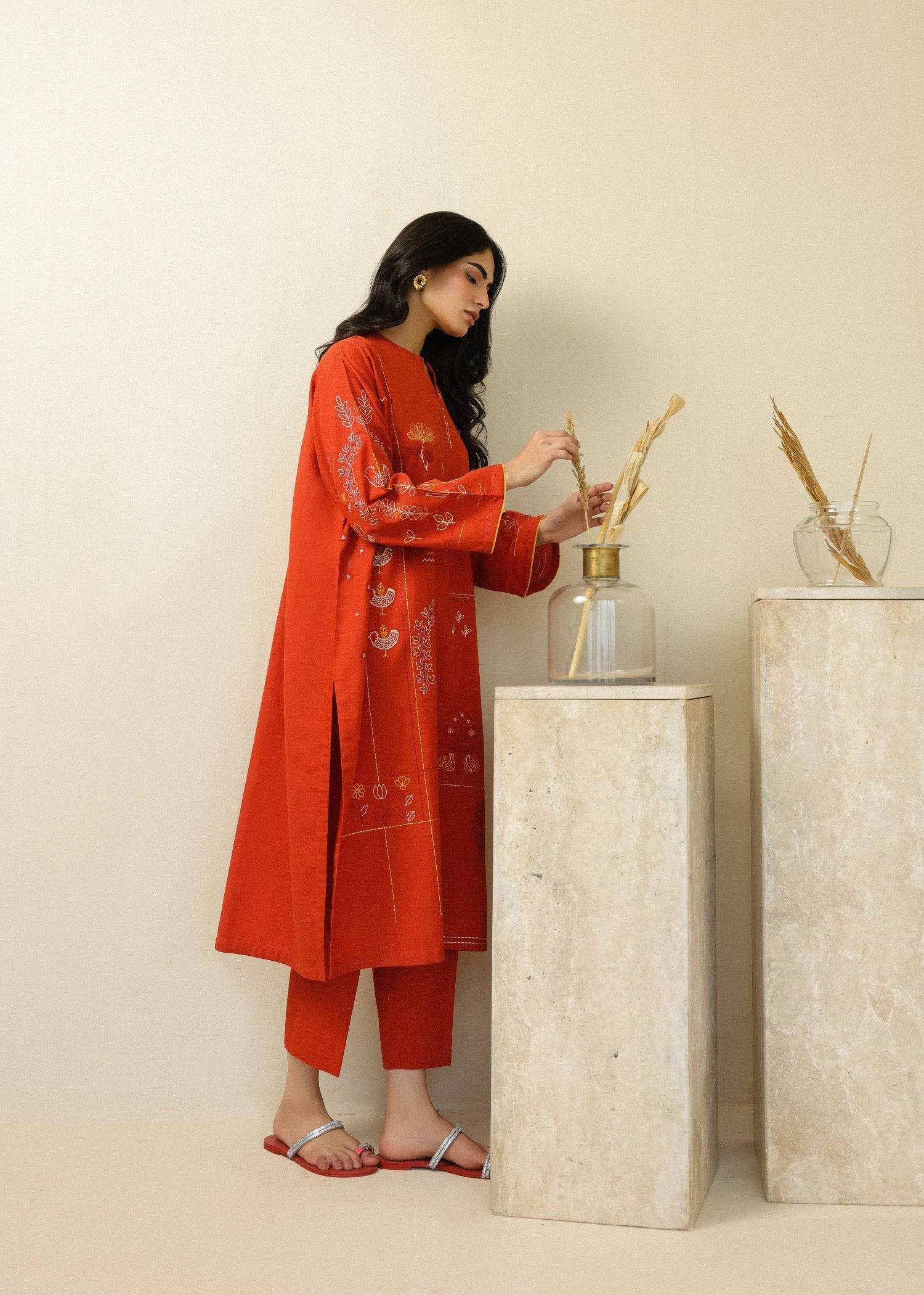self jacquard Kurta Set in Pumpkin orange