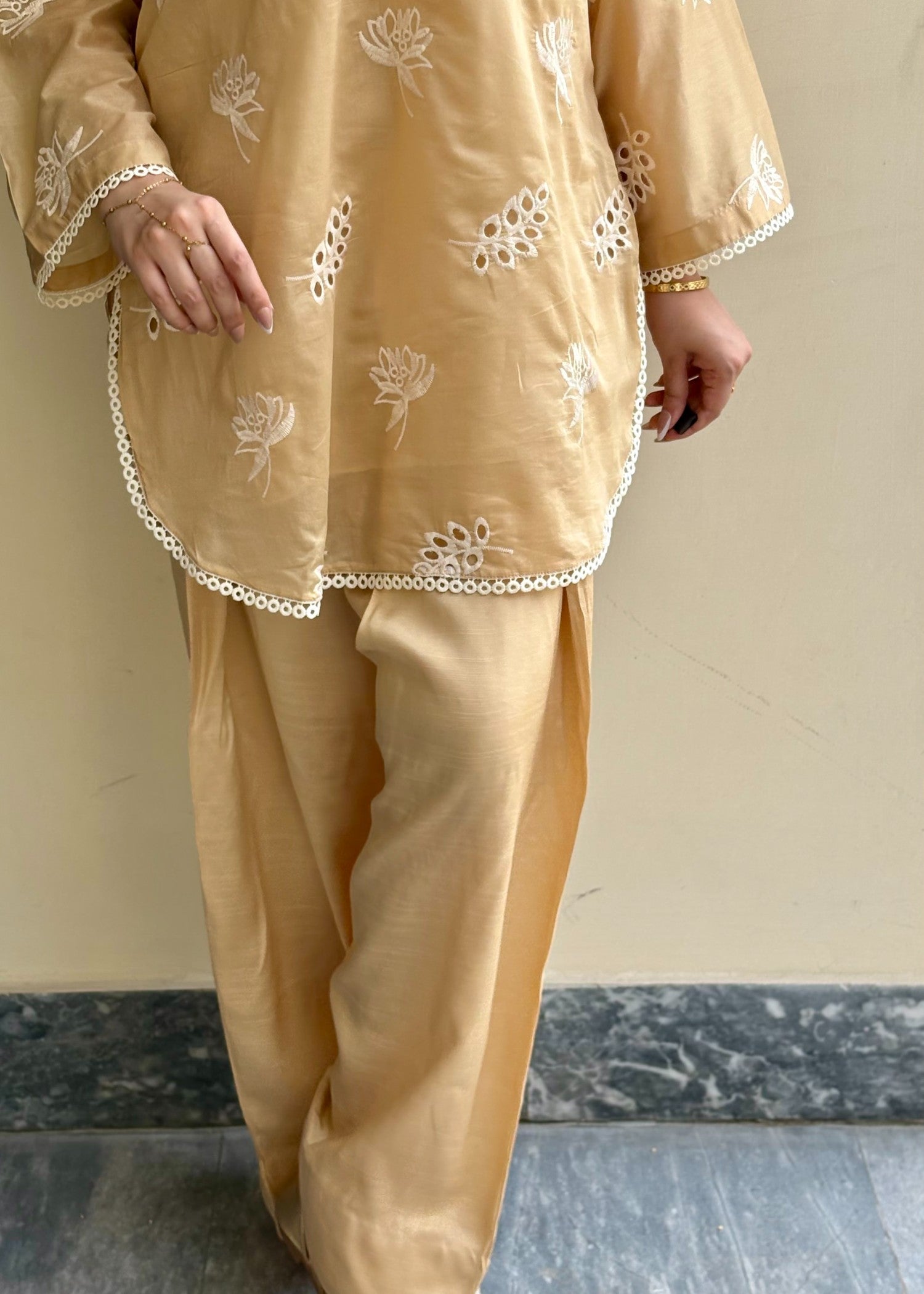 paper lawn Co Ord Sets in Golden brown