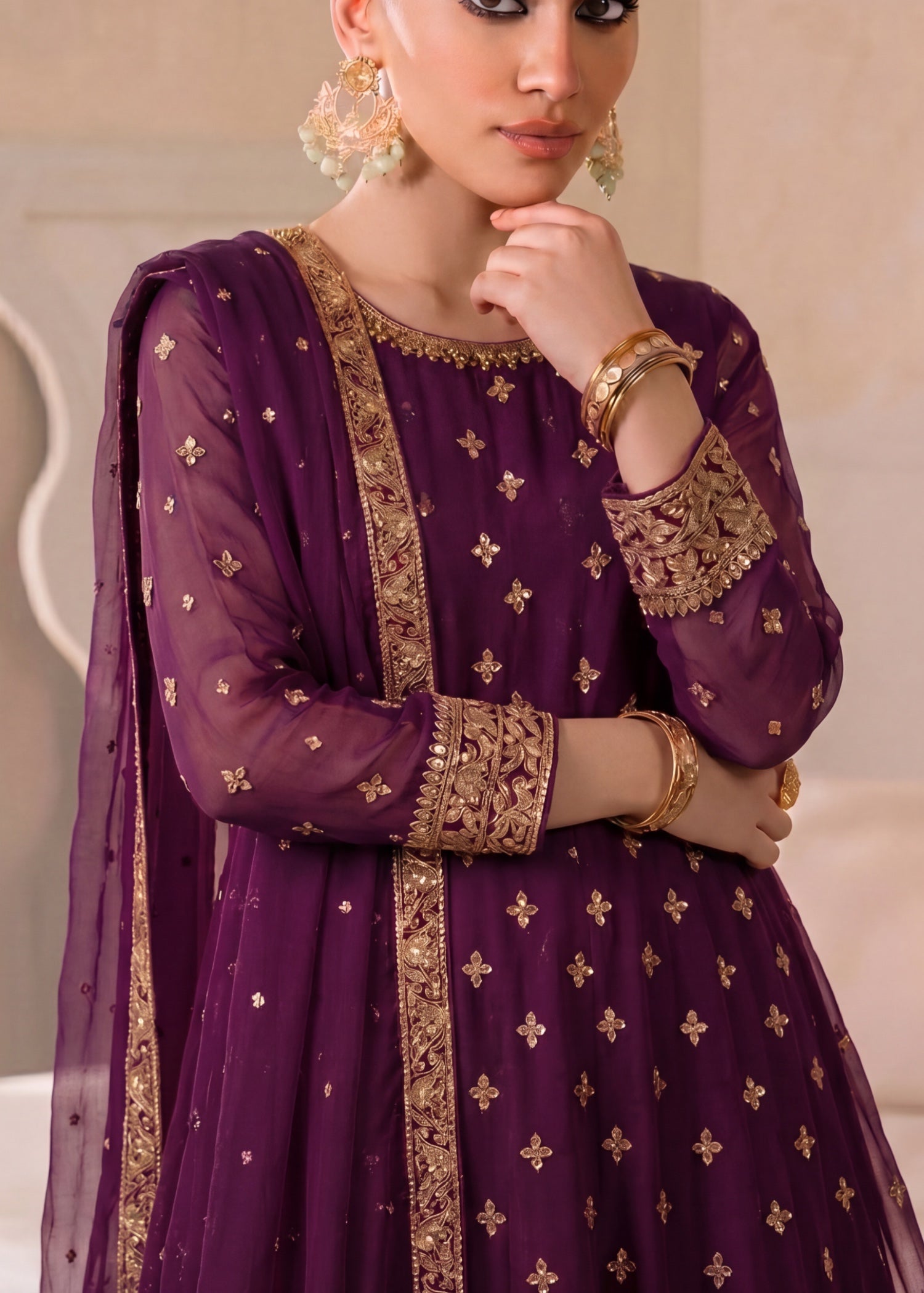 chiffon Pishwas in Plum purple