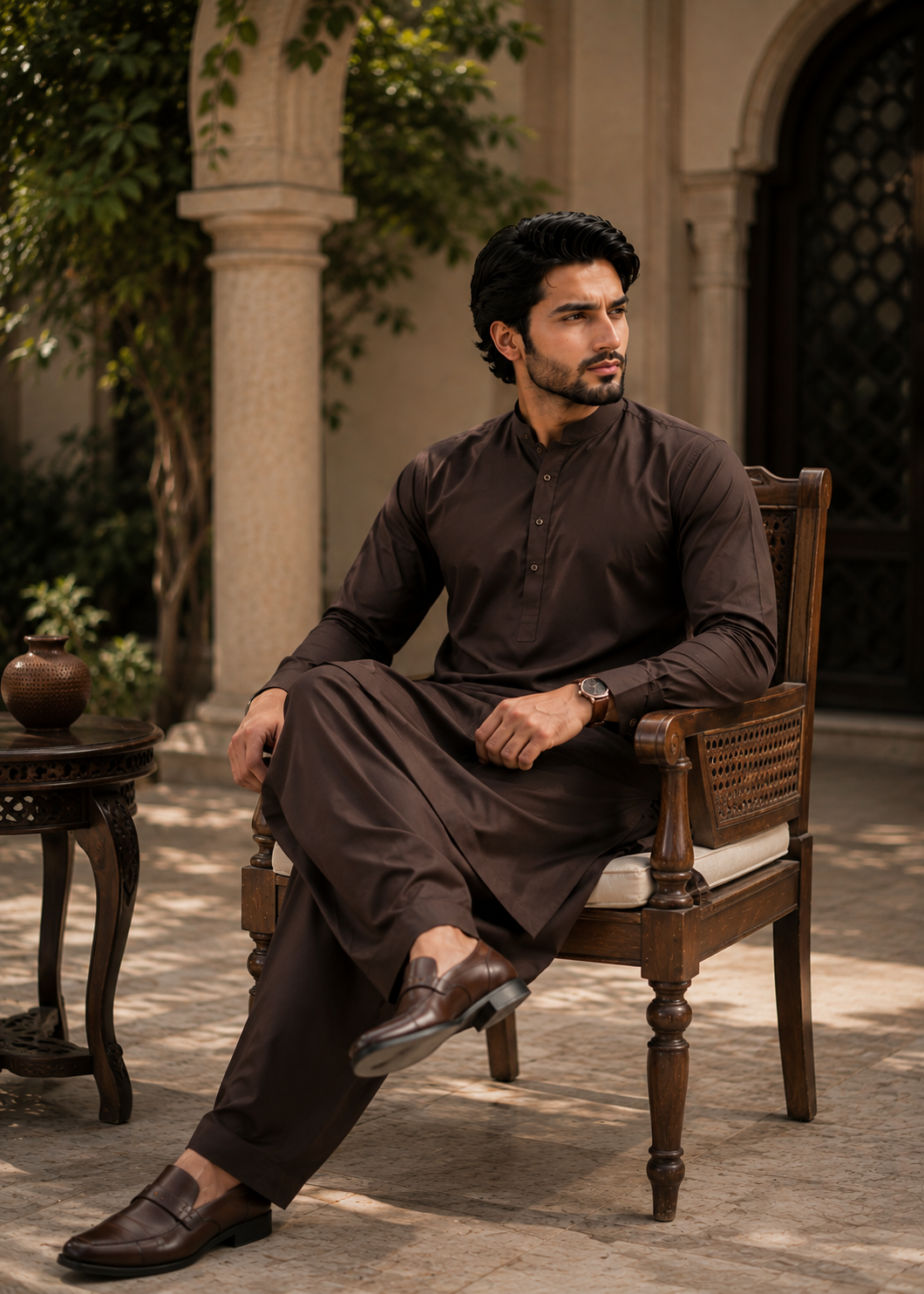 wash & wear Shalwar Kameez in Chocolate brown by Waqar Mustafa