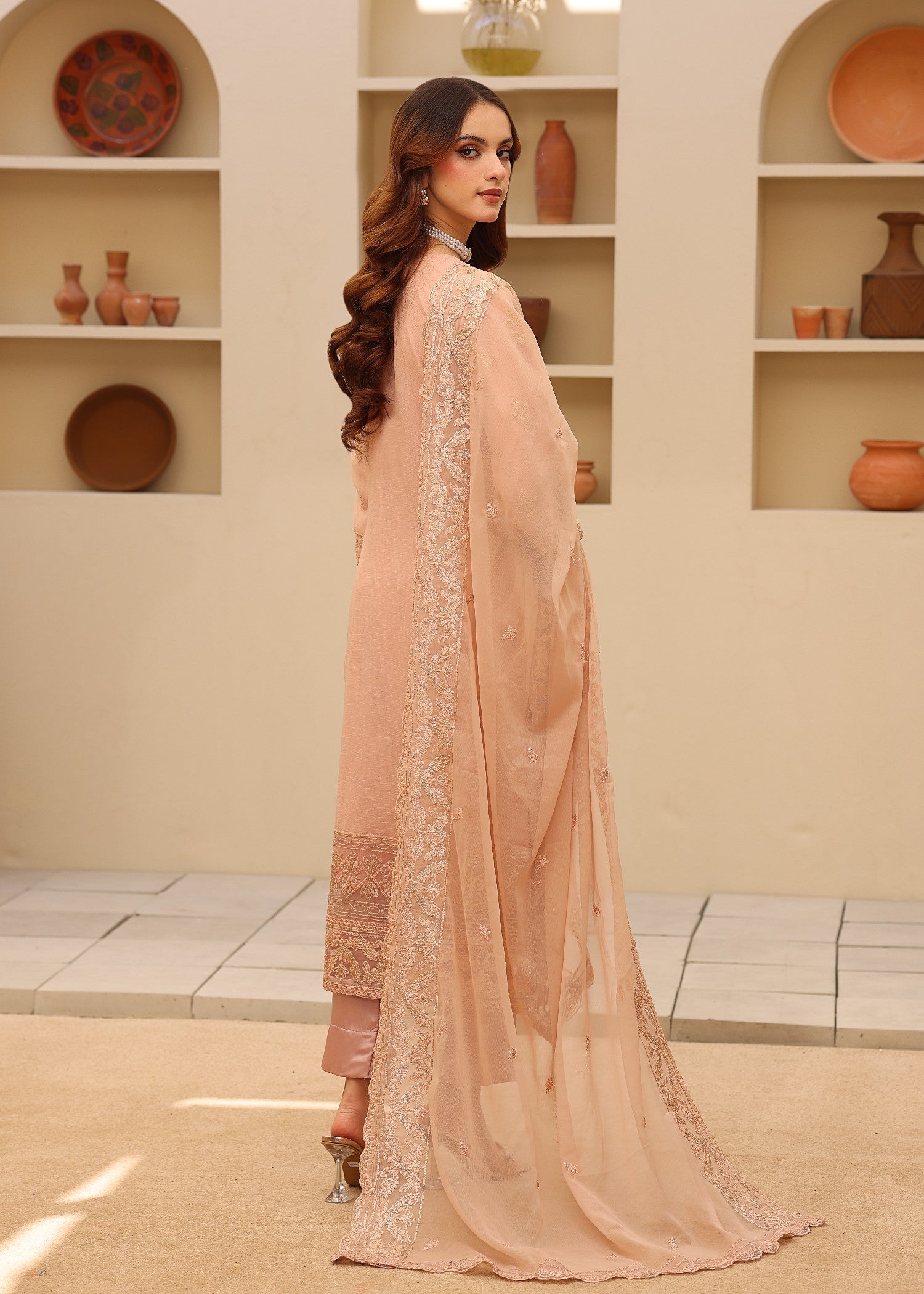 chiffon Kurta Set in Peach orange