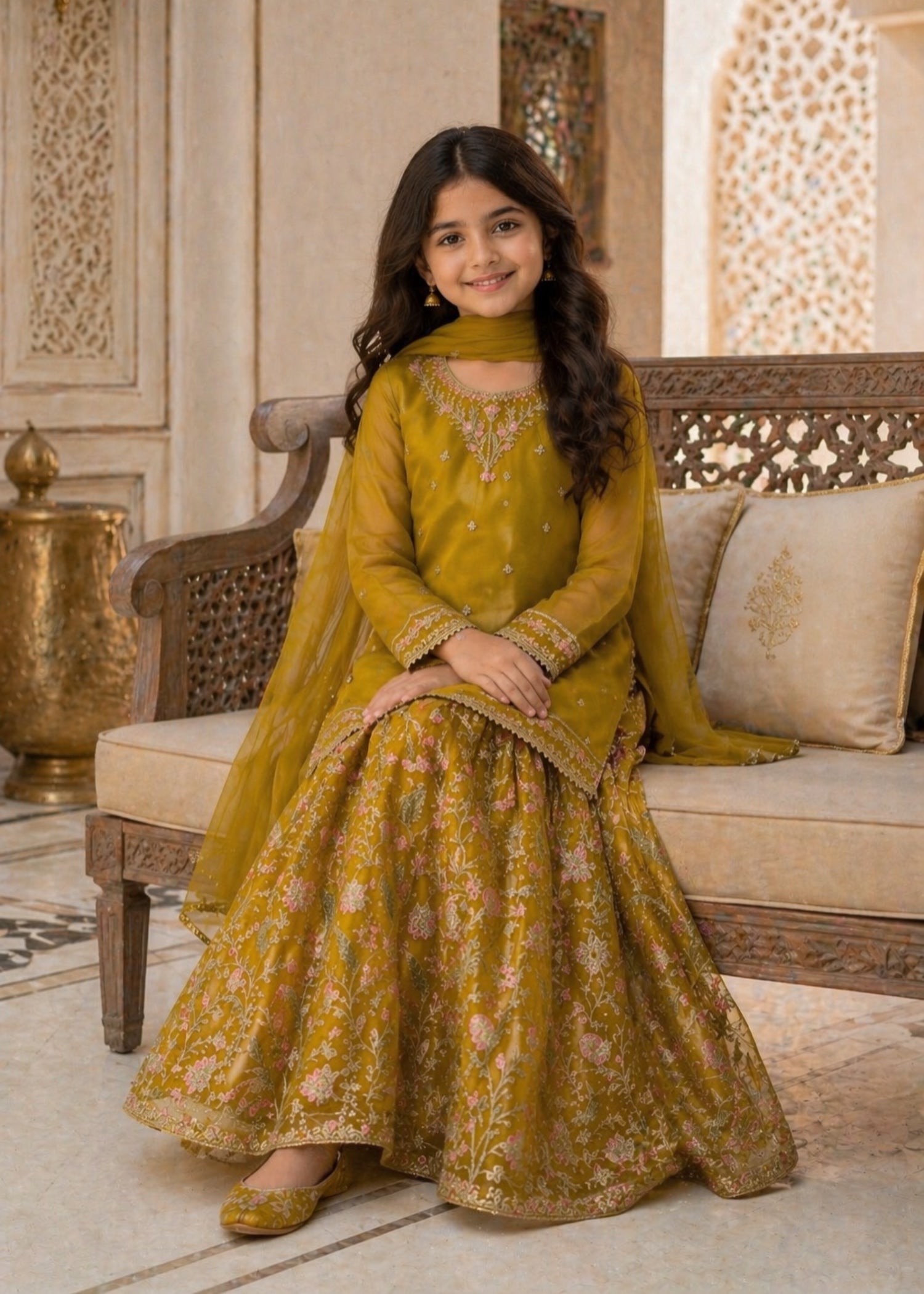 organza Lehenga in Saffron