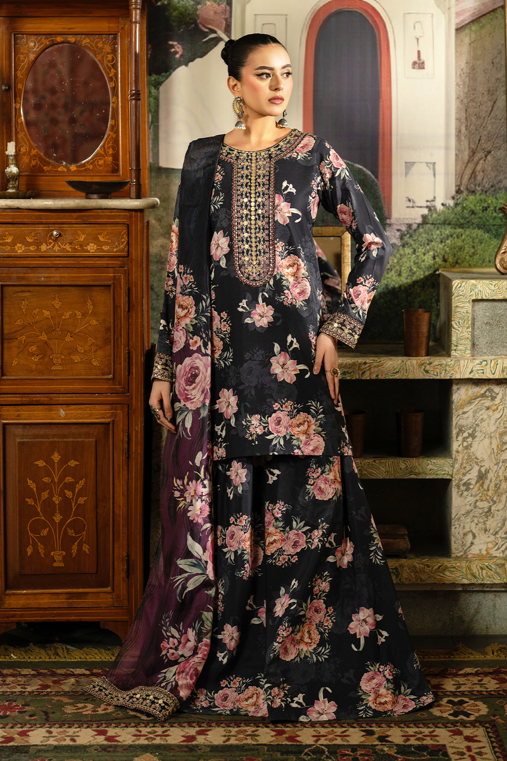 silk finish lawn Sharara in Black