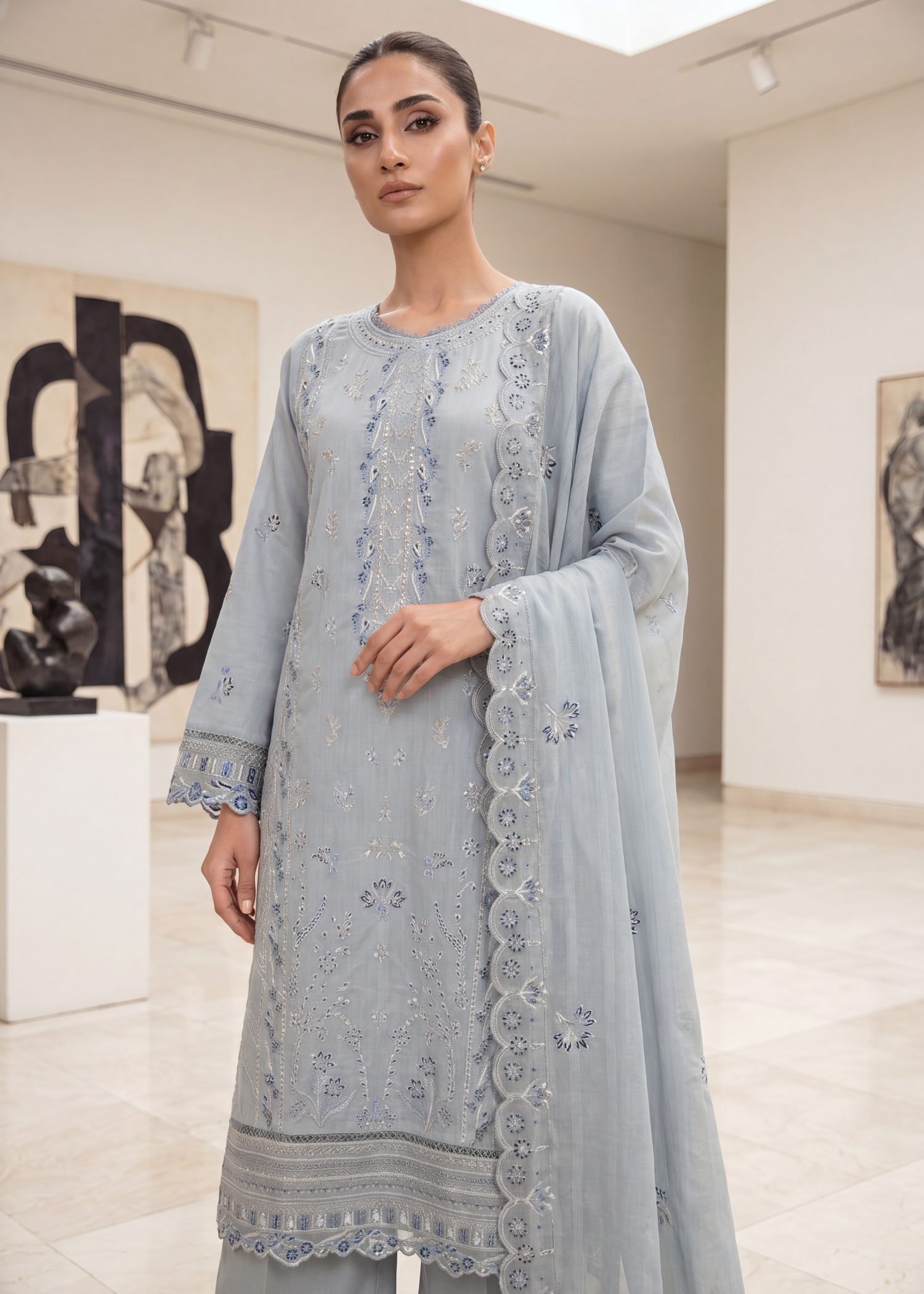 slub lawn Kurta Set in Steal grey