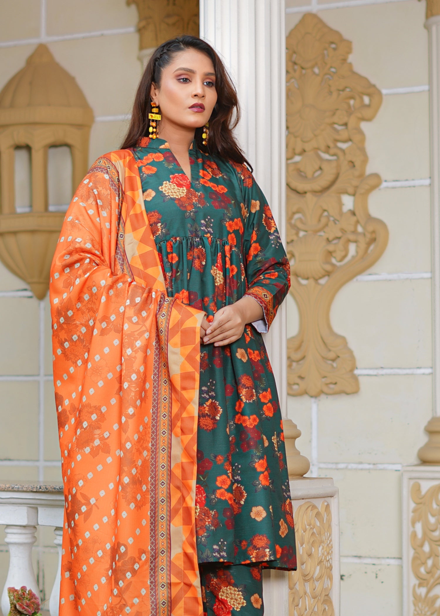 slub khaddar Short Frock in Pumpkin orange, pine green