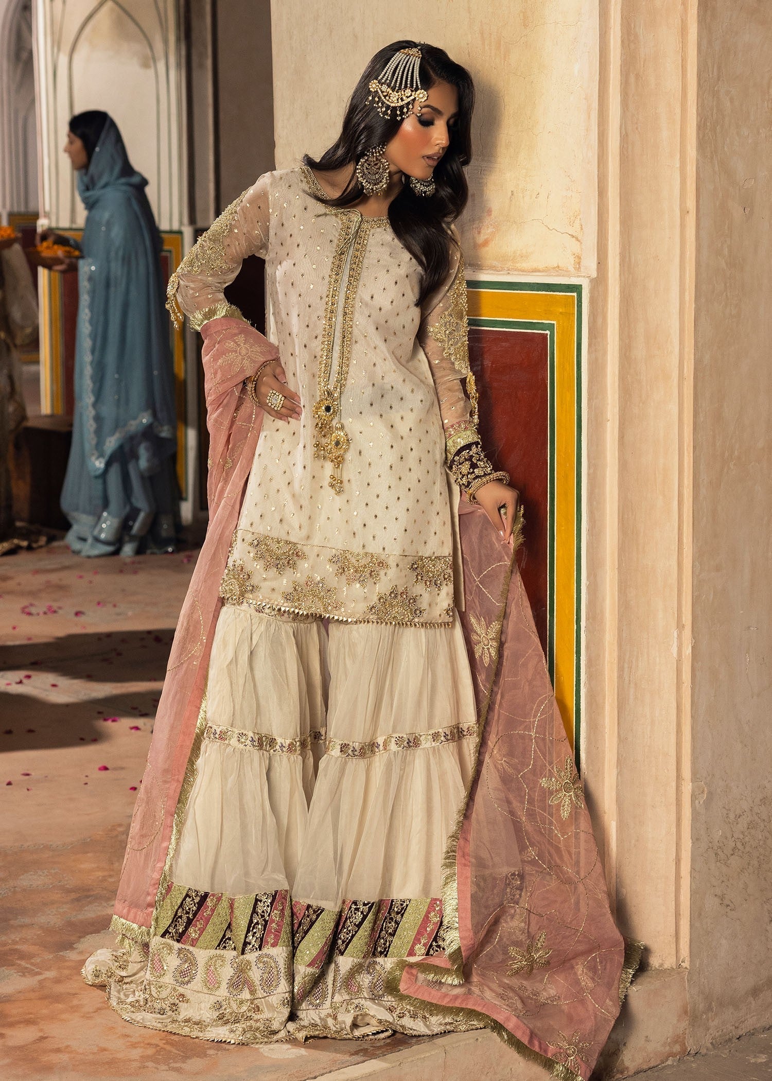 organza Gharara in Ivory