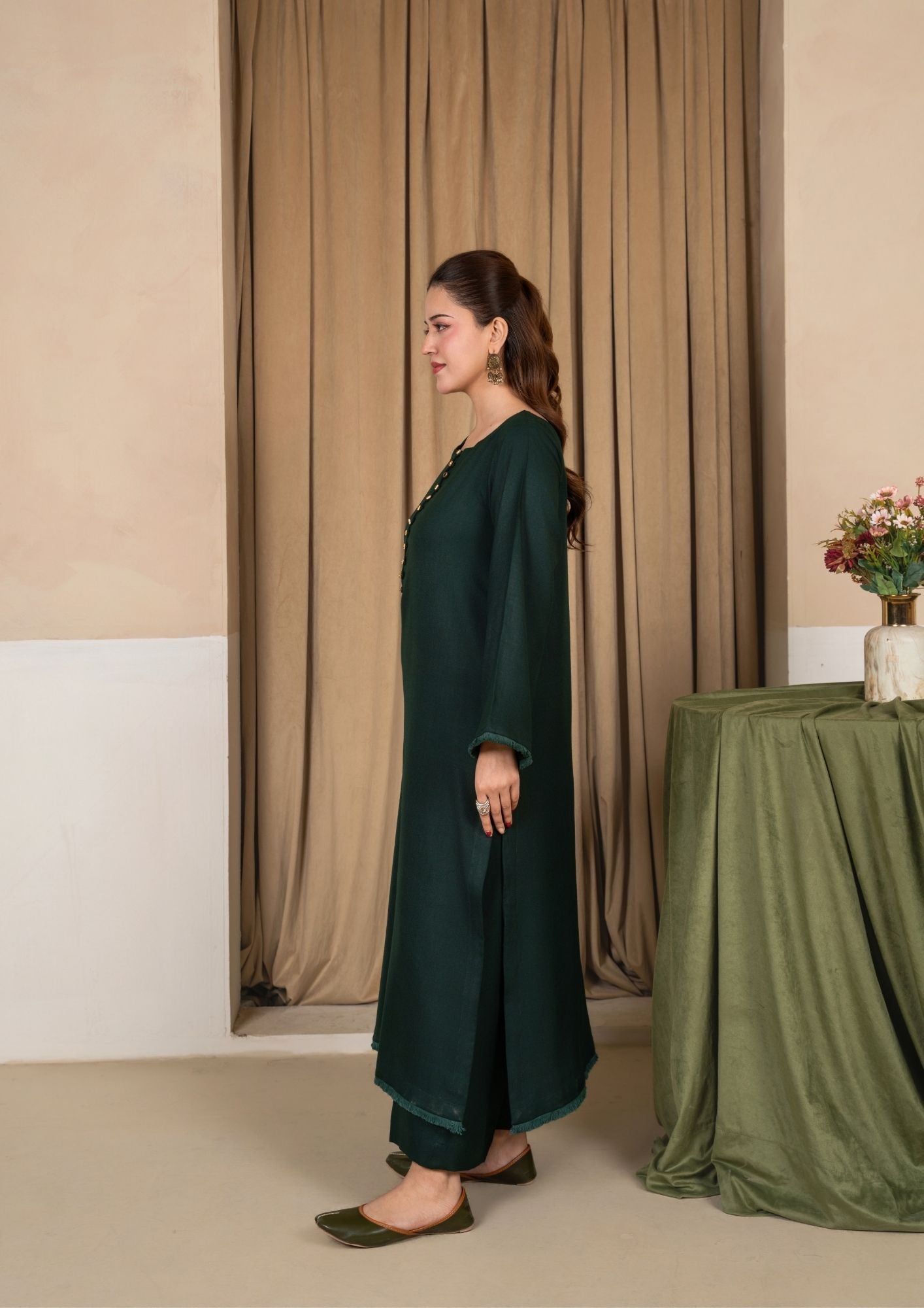 dhanak wool Kurta Set in Bottle green