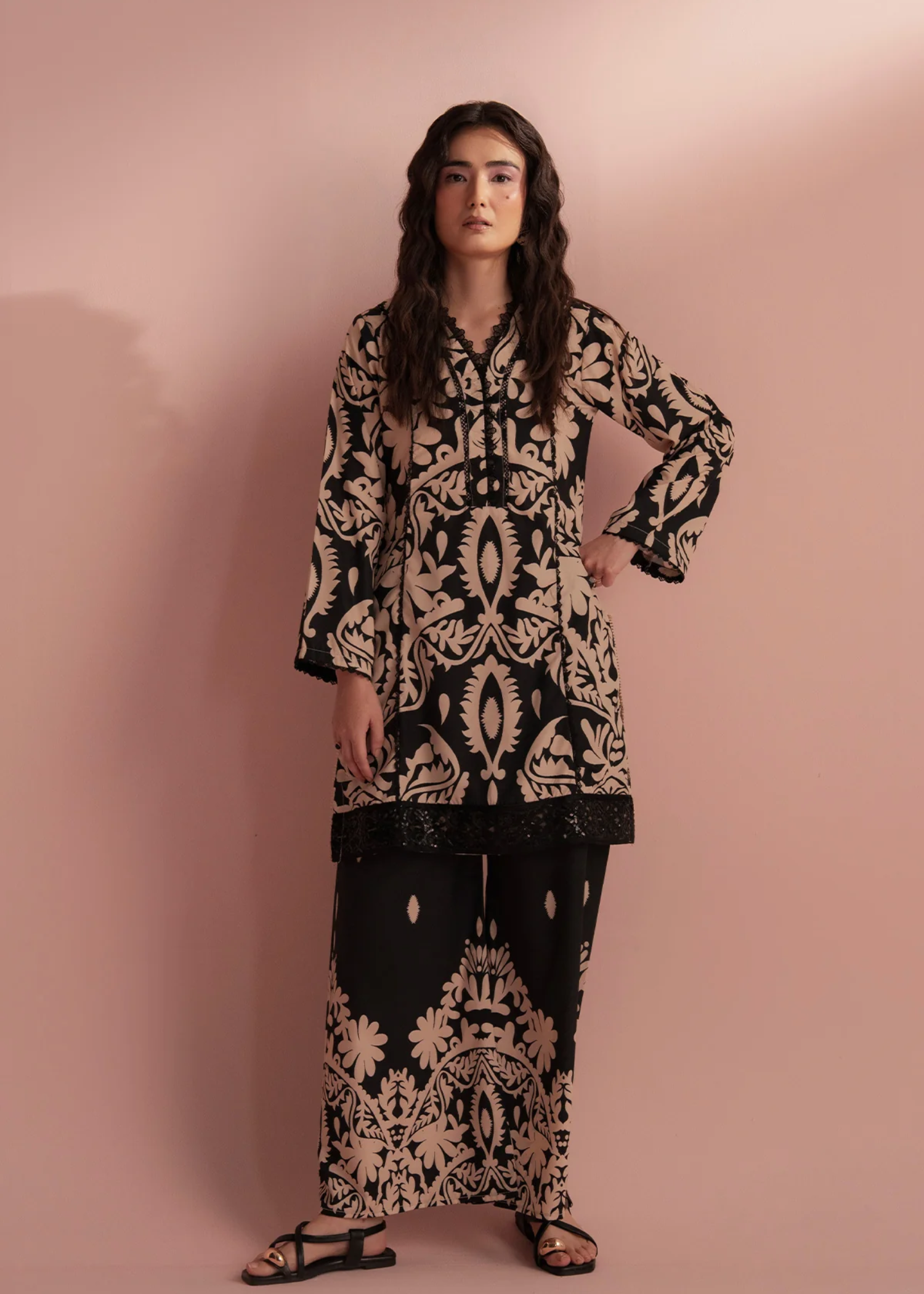 poly lawn Co Ord Sets in Beige, black