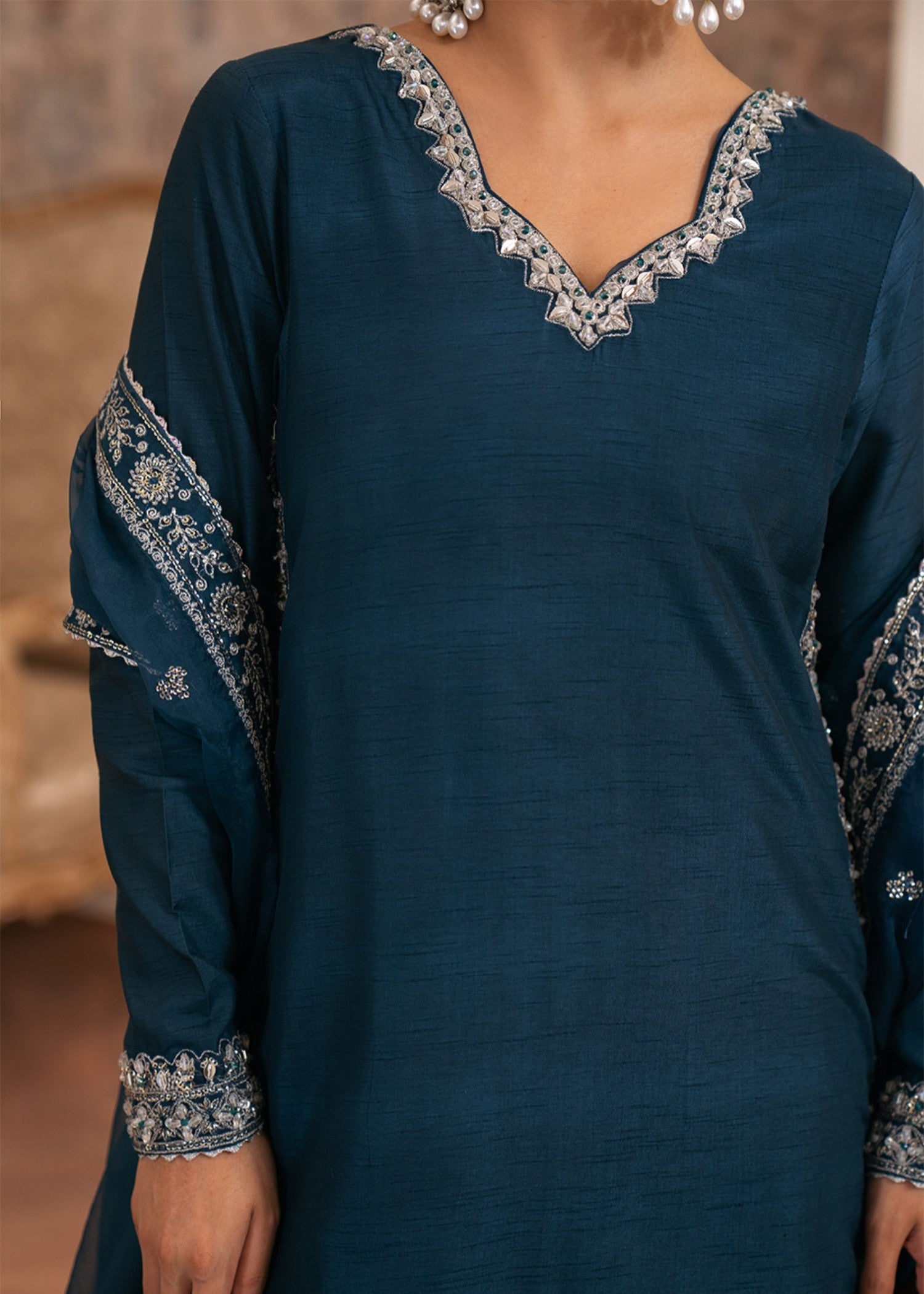 korean raw silk Kurta Set in Steel teal