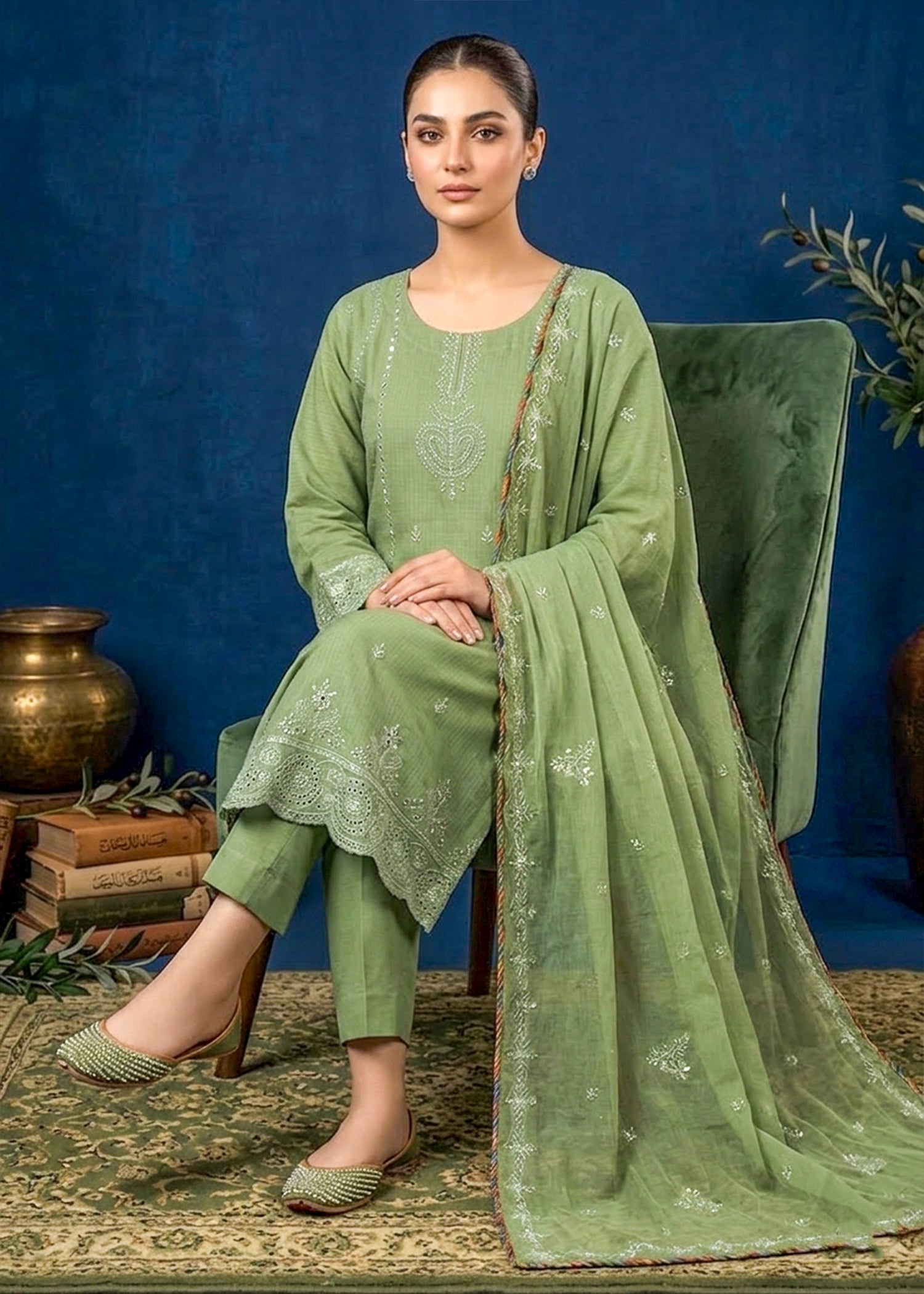 cambric Kurta Set in Sage green