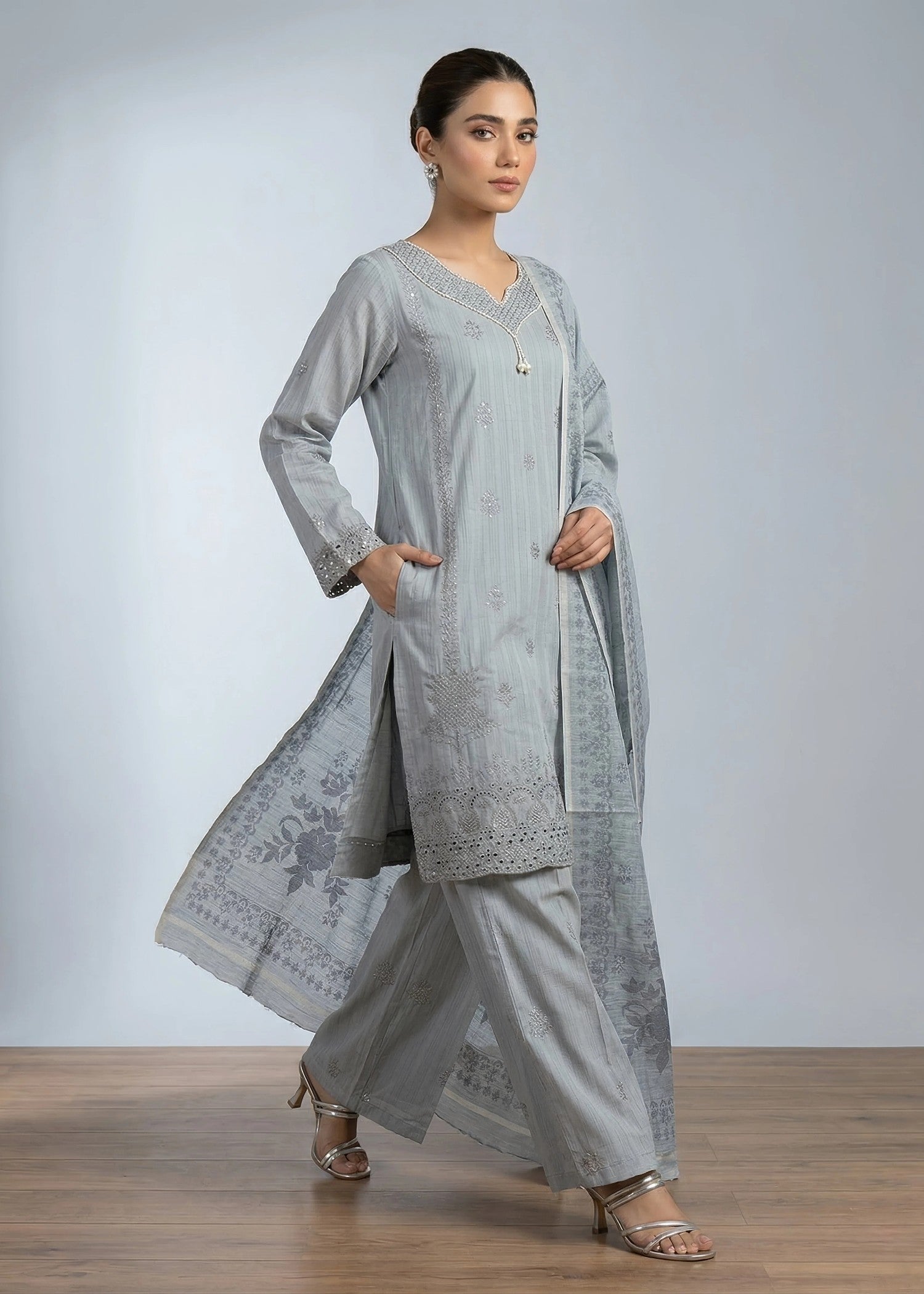 cambric cotton Kurta Set in Ash grey