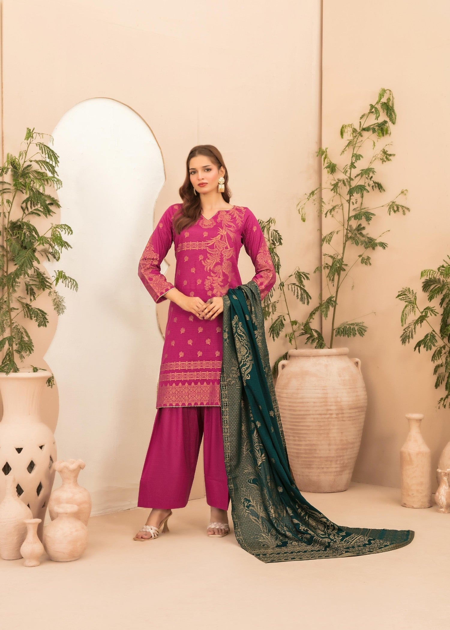 banarasi Kurta Set in Bottle green, shocking pink