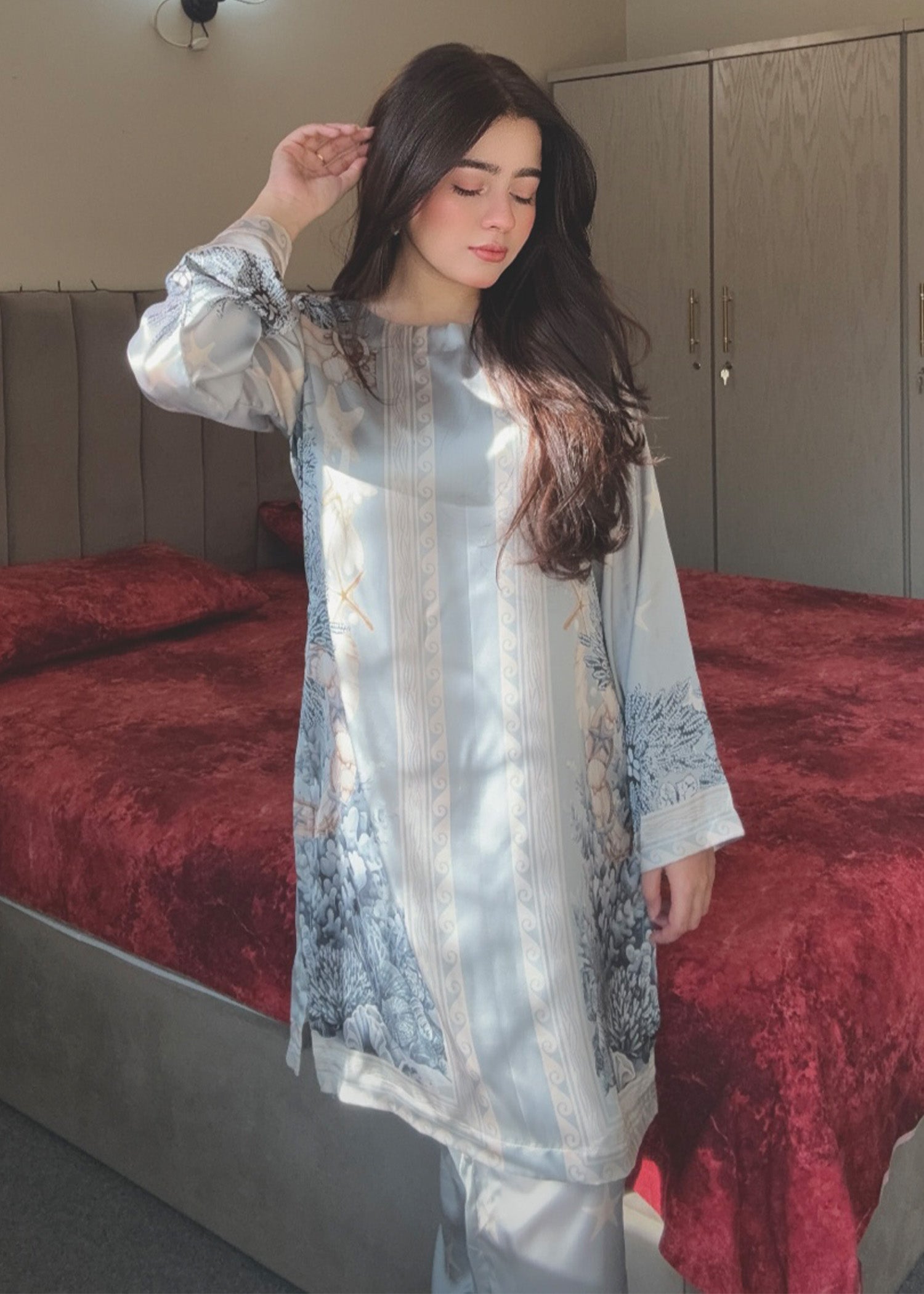 satin silk Kurta Set in Sky blue