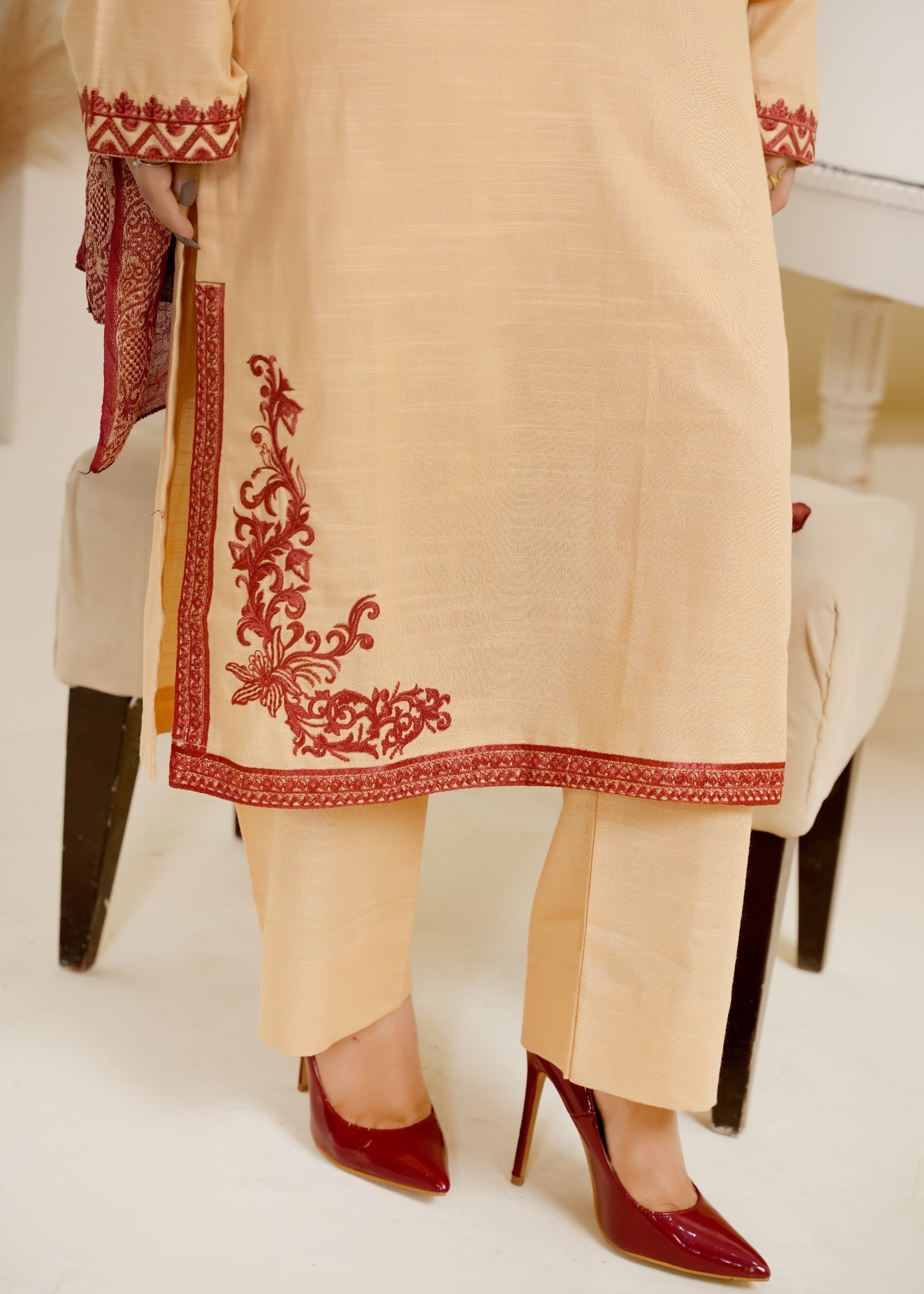khaddar Kurta Set in Gold, burnt red, buttercream