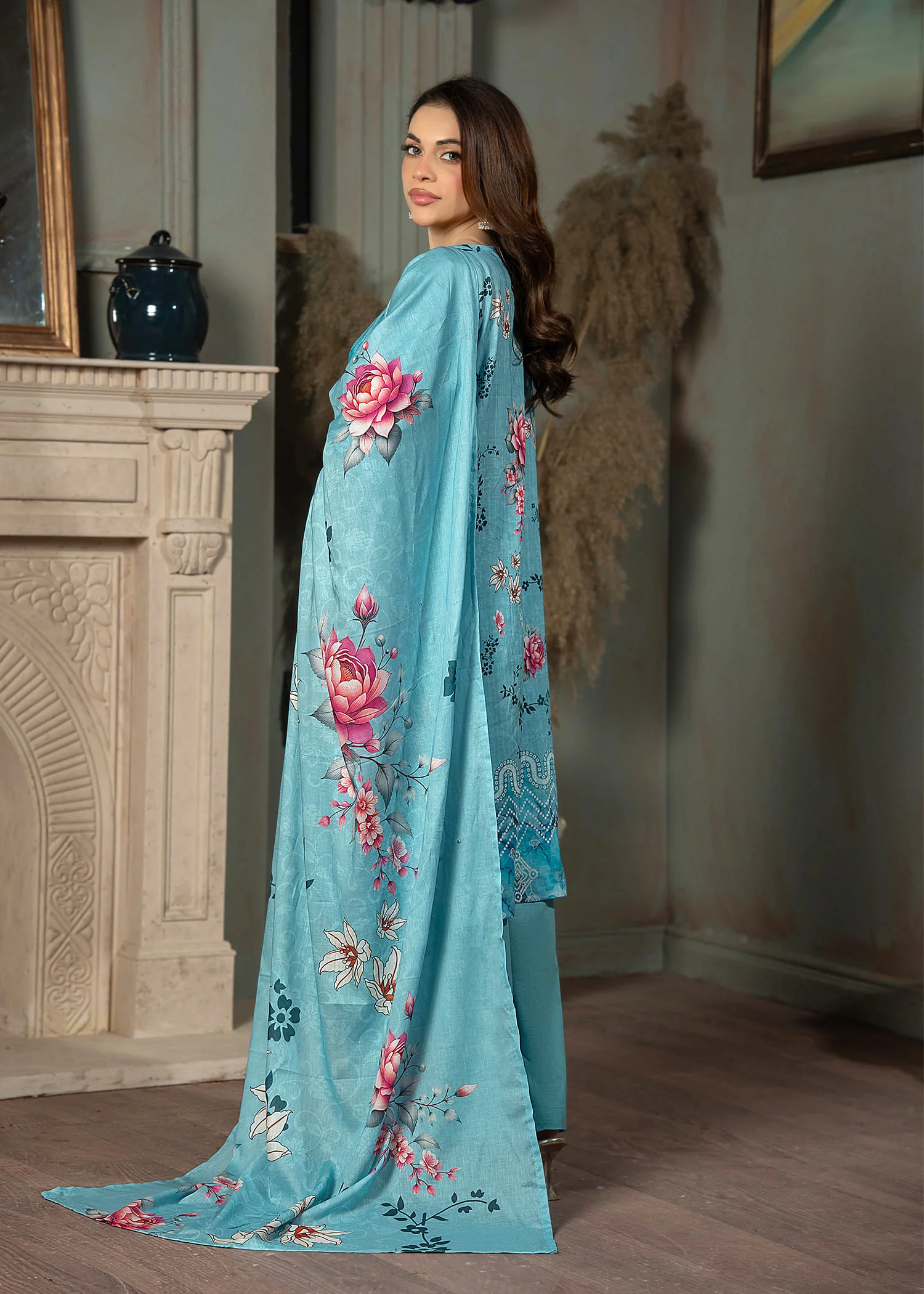 lawn Kurta Set in Dodger blue