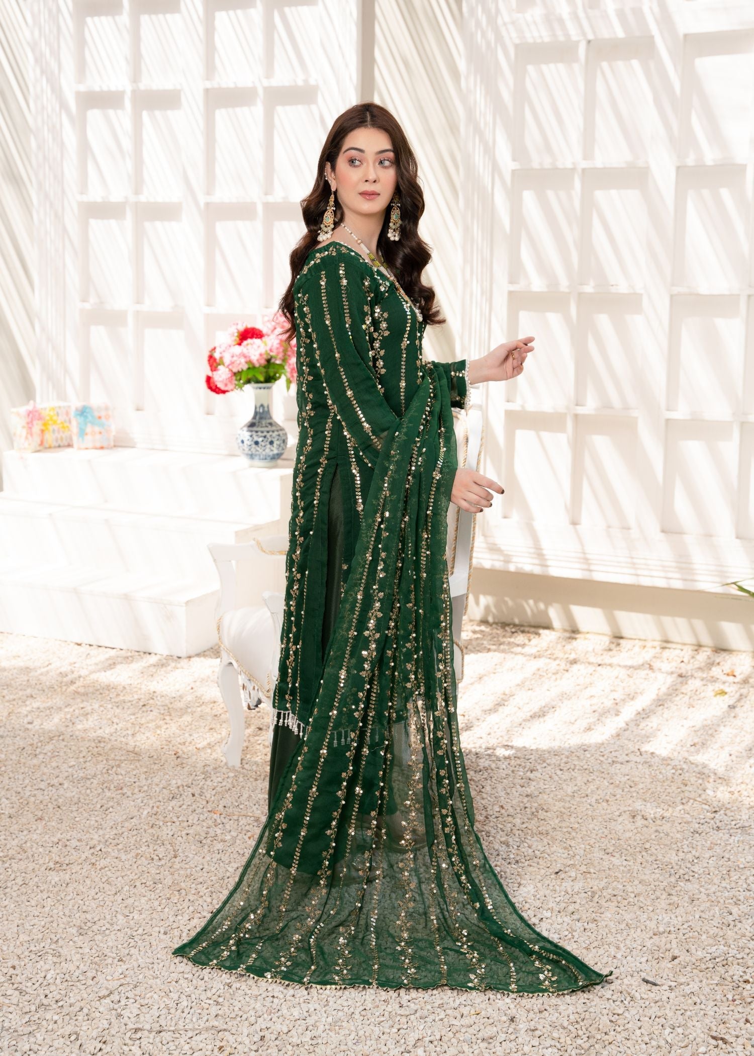 crinkle Kurta Set in Bottle green