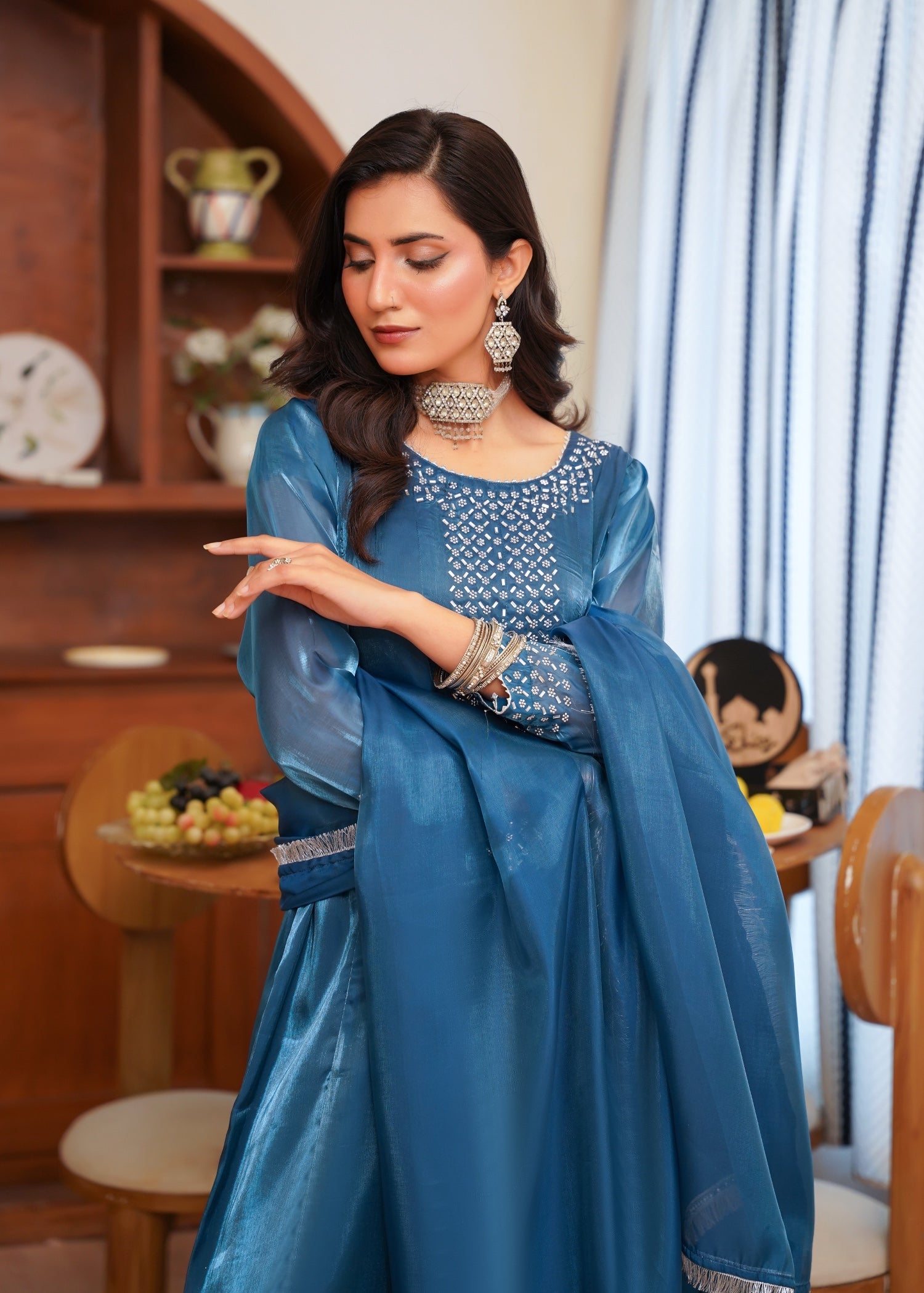 silk tissue Pishwas in Royal blue
