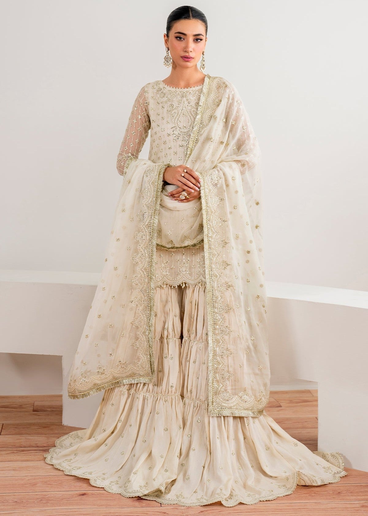 chiffon Gharara in Pearl white
