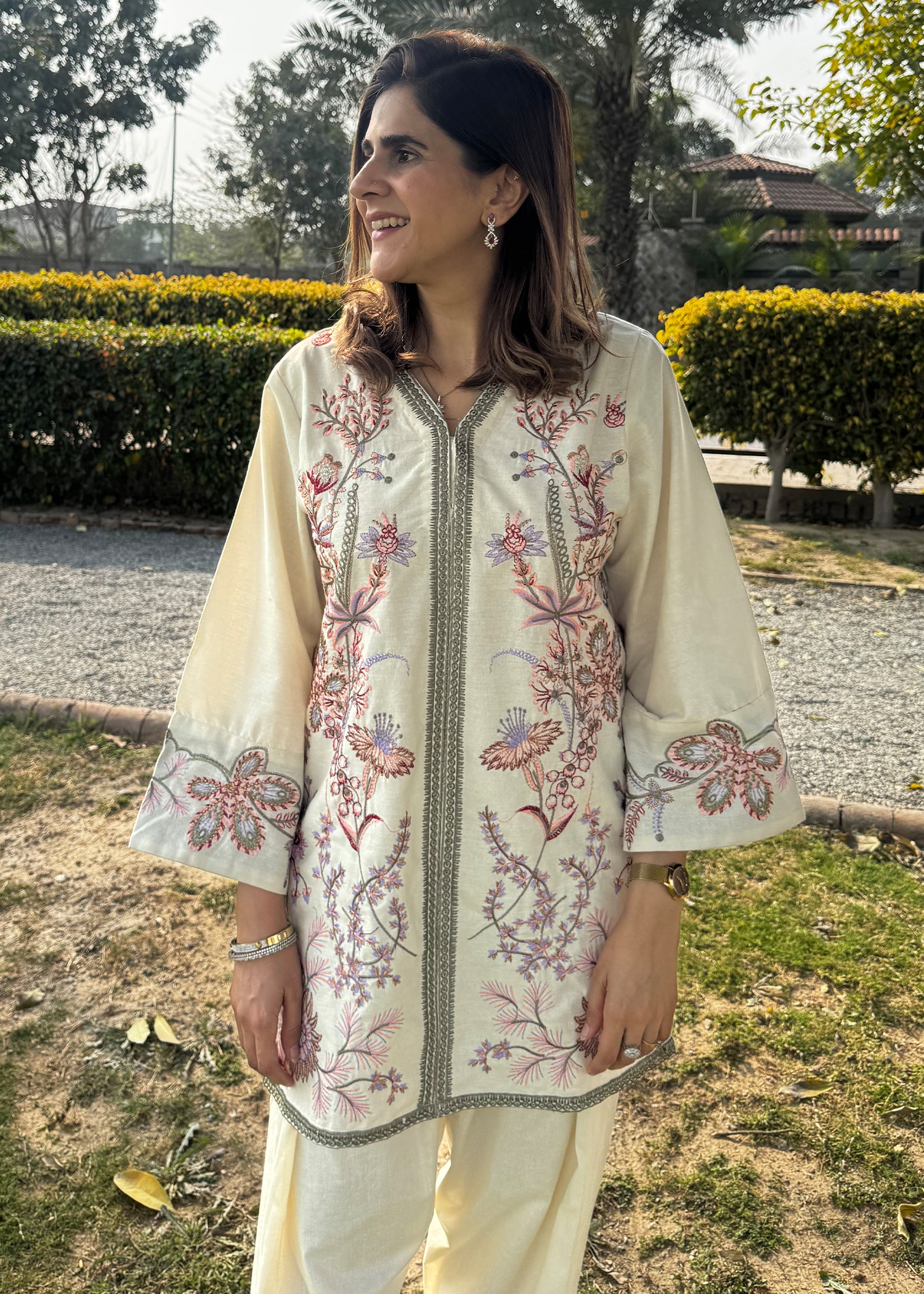 cotton karandi Kurta Set in Off-white