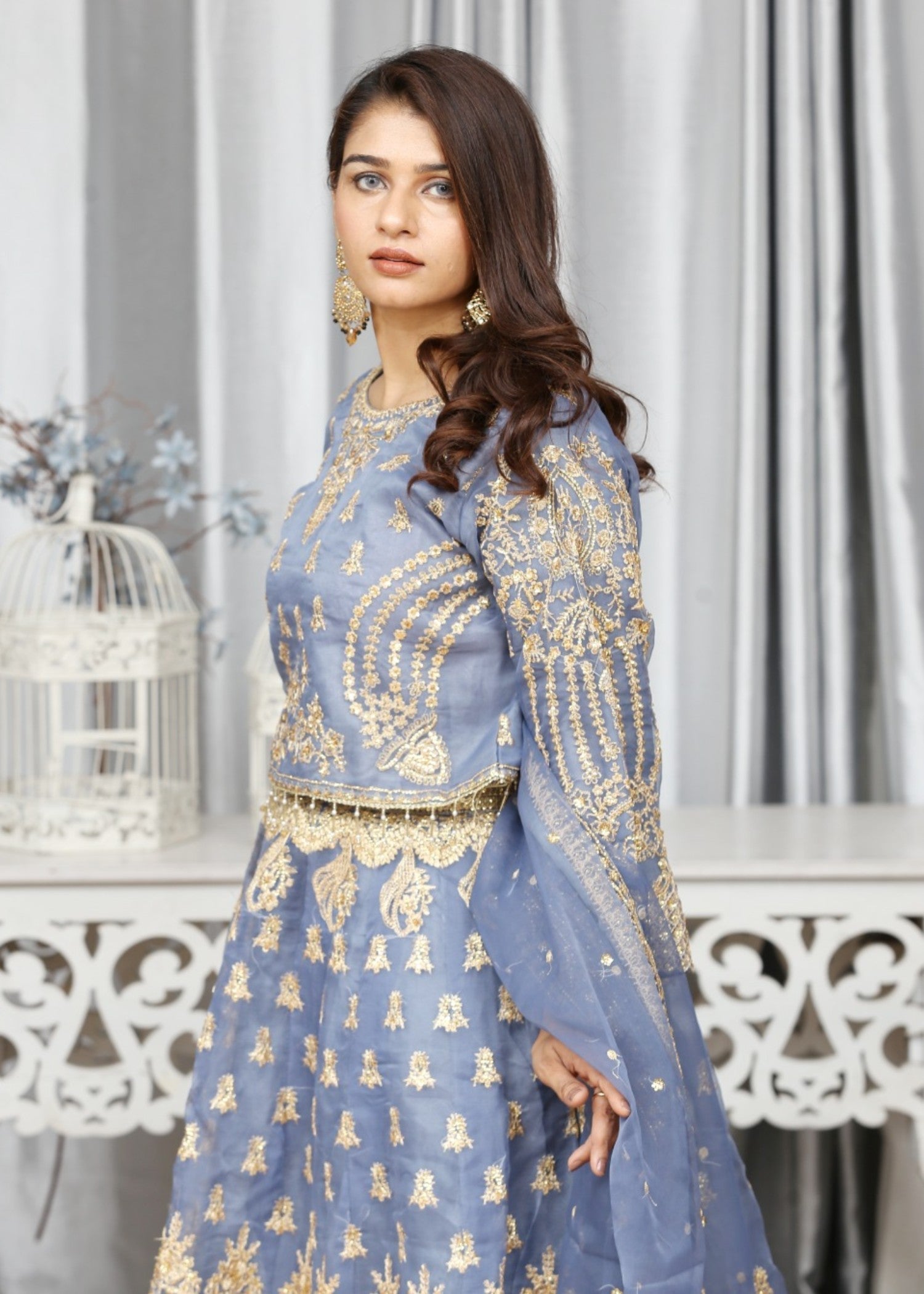 organza Lehenga in Duck egg grey