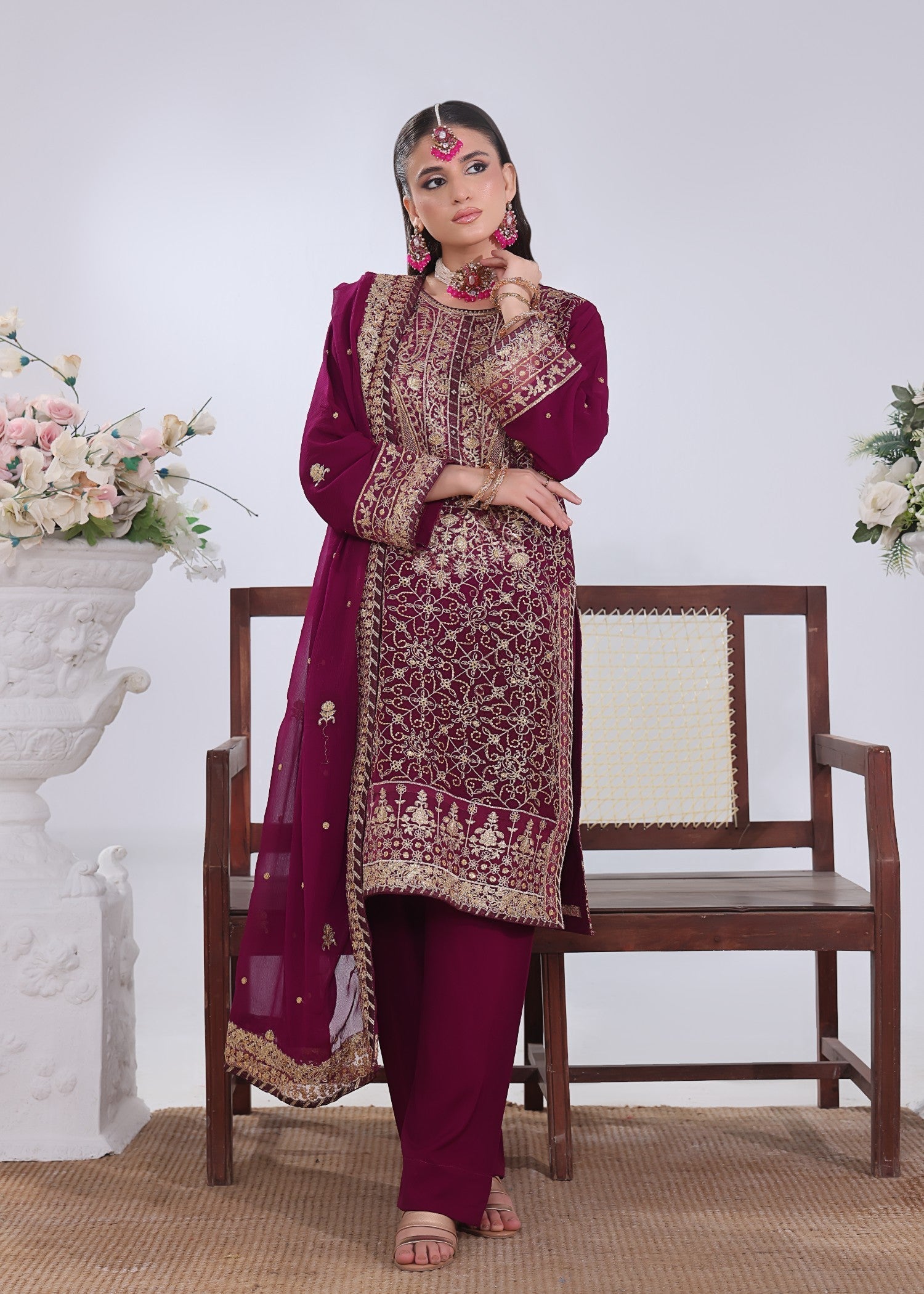 chiffon Kurta Set in Magenta haze