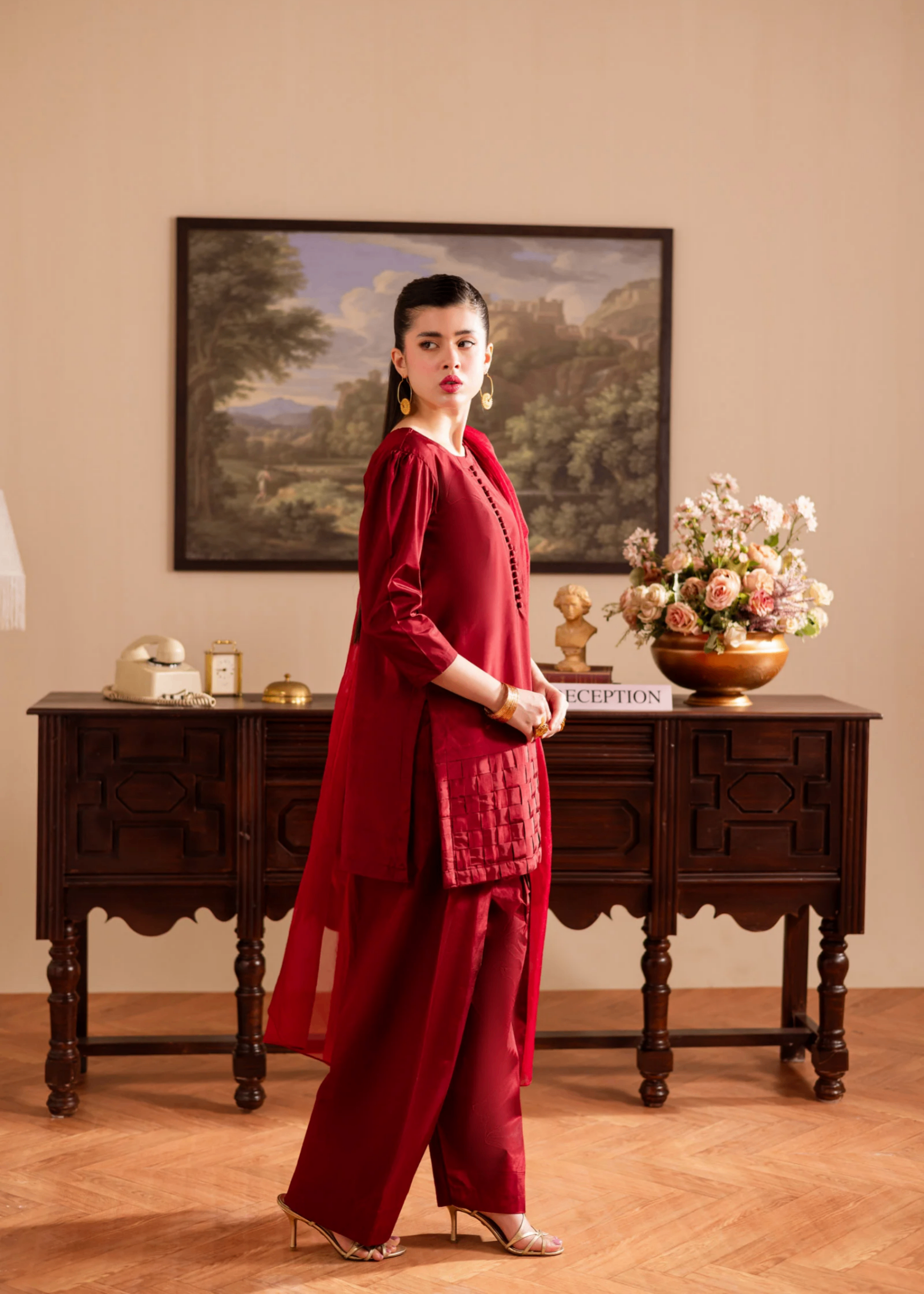 poly silk Kurta Set in Burnt red