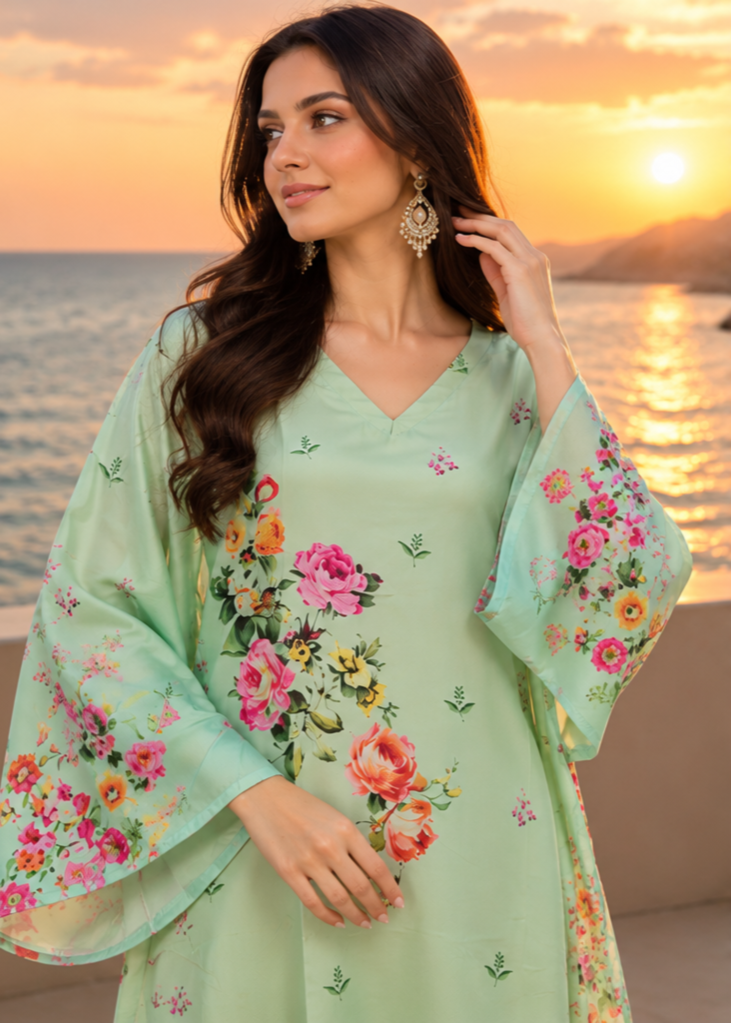 silk charmeuse Kaftan in Pastel green