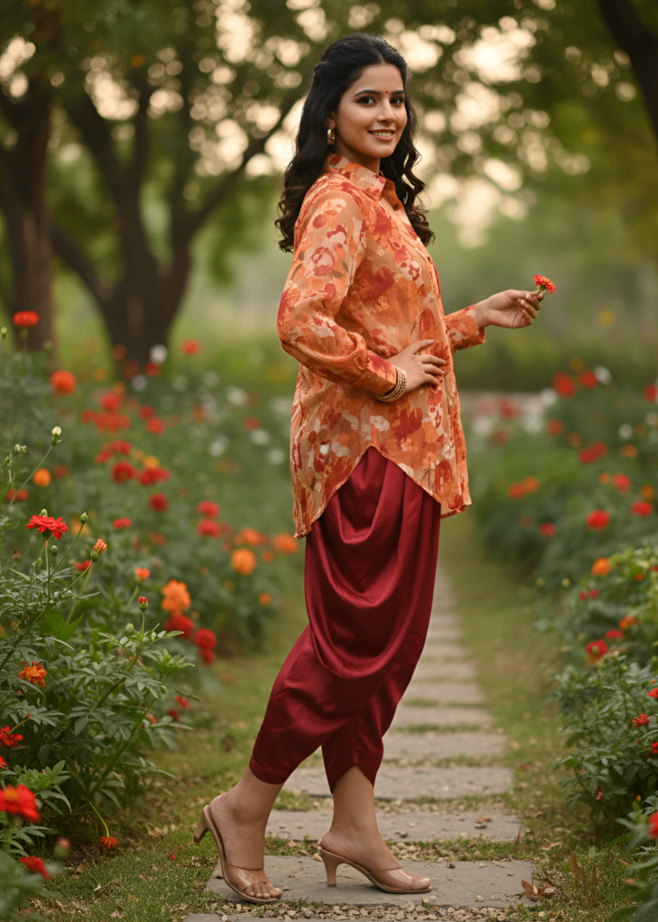 jacquard chiffon Kurta Set in Pumpkin orange